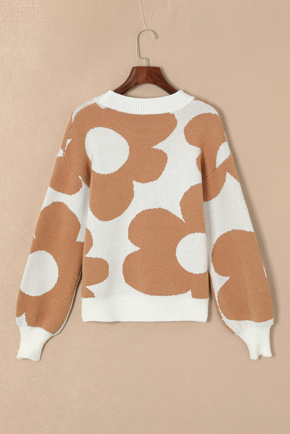 Khaki Big Flower Pattern Drop Shoulder Sweater eAura