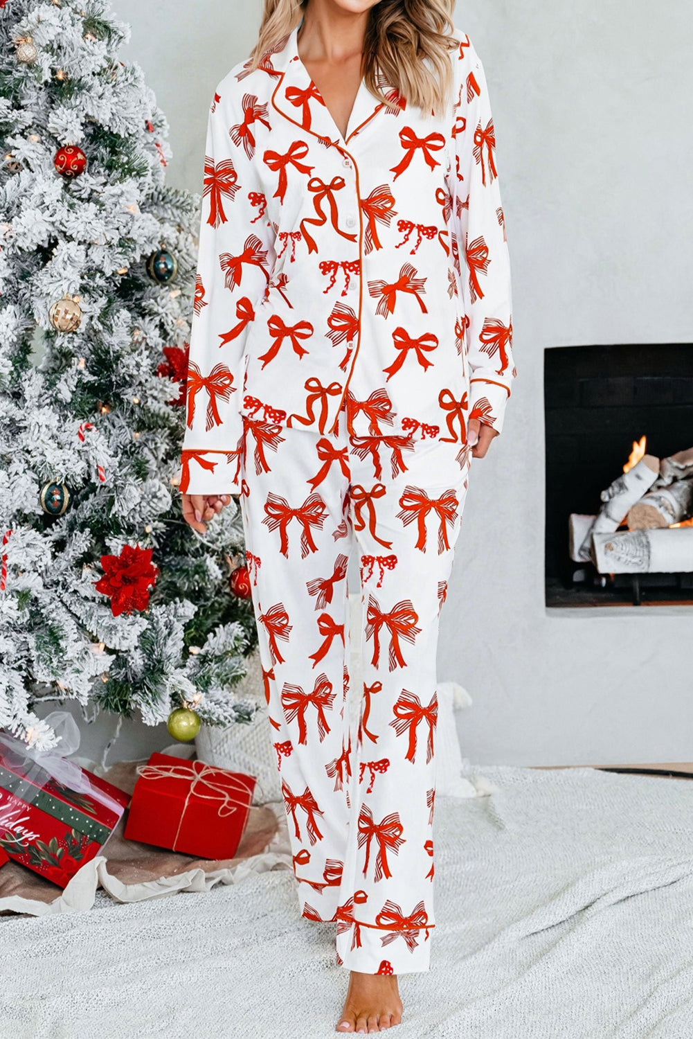 Red Christmas Bow Print Pyjama Set - eAura