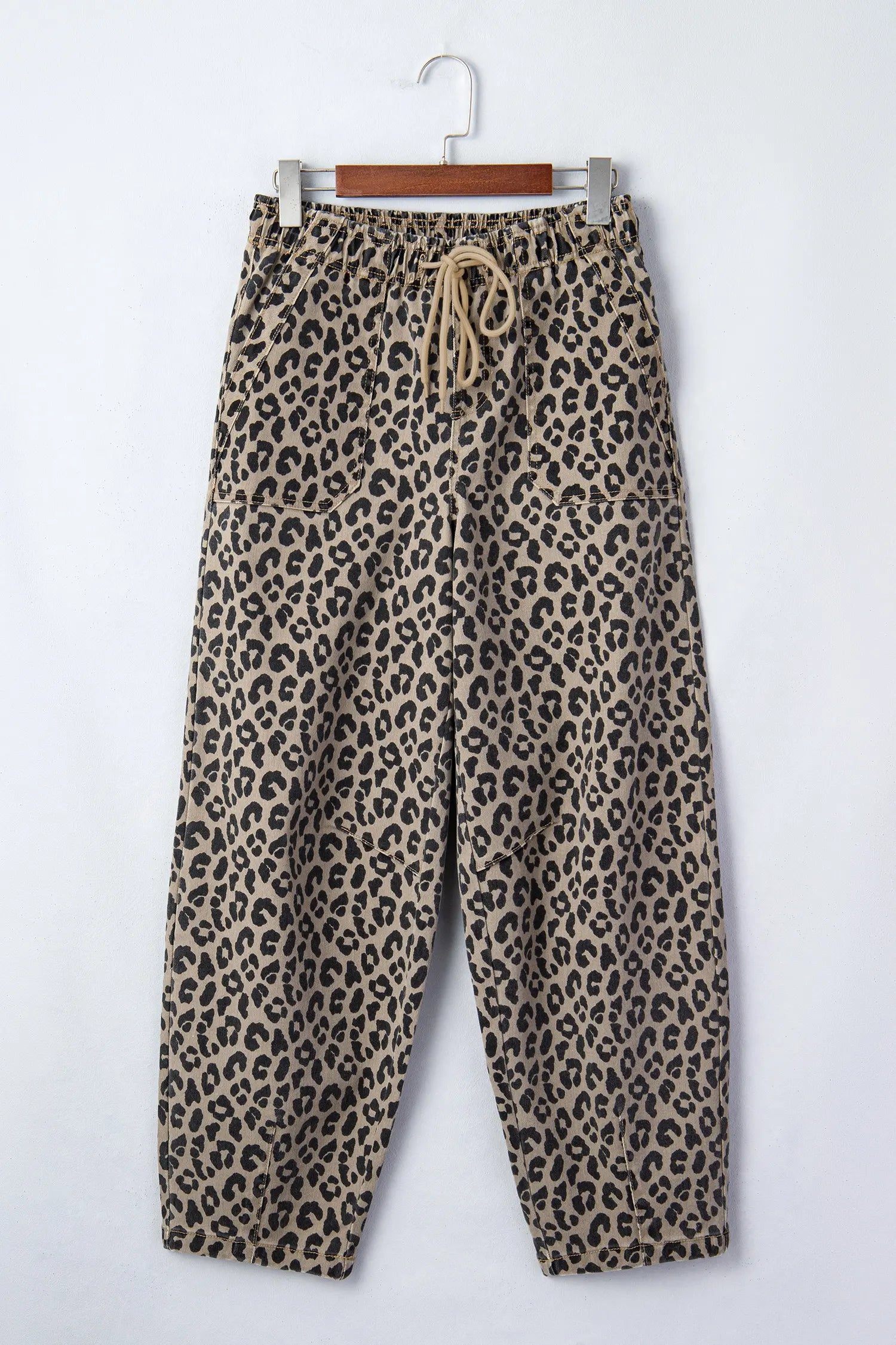 Khaki Leopard Print Drawstring Elastic Waist Loose Denim Pants with Pockets