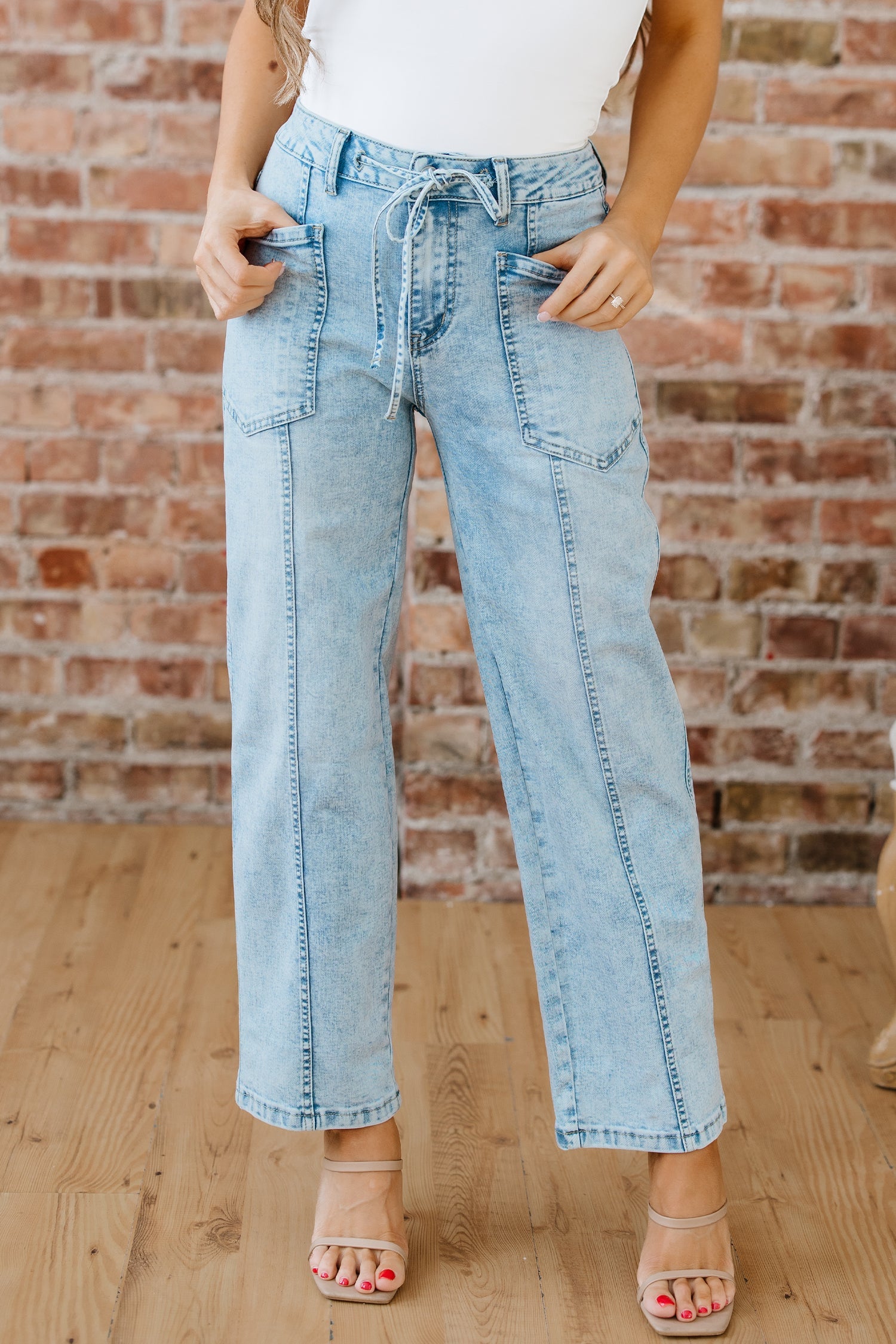 Exposed Stitch Detail Drawstring Barrel Jeans - Bottoms/Jeans