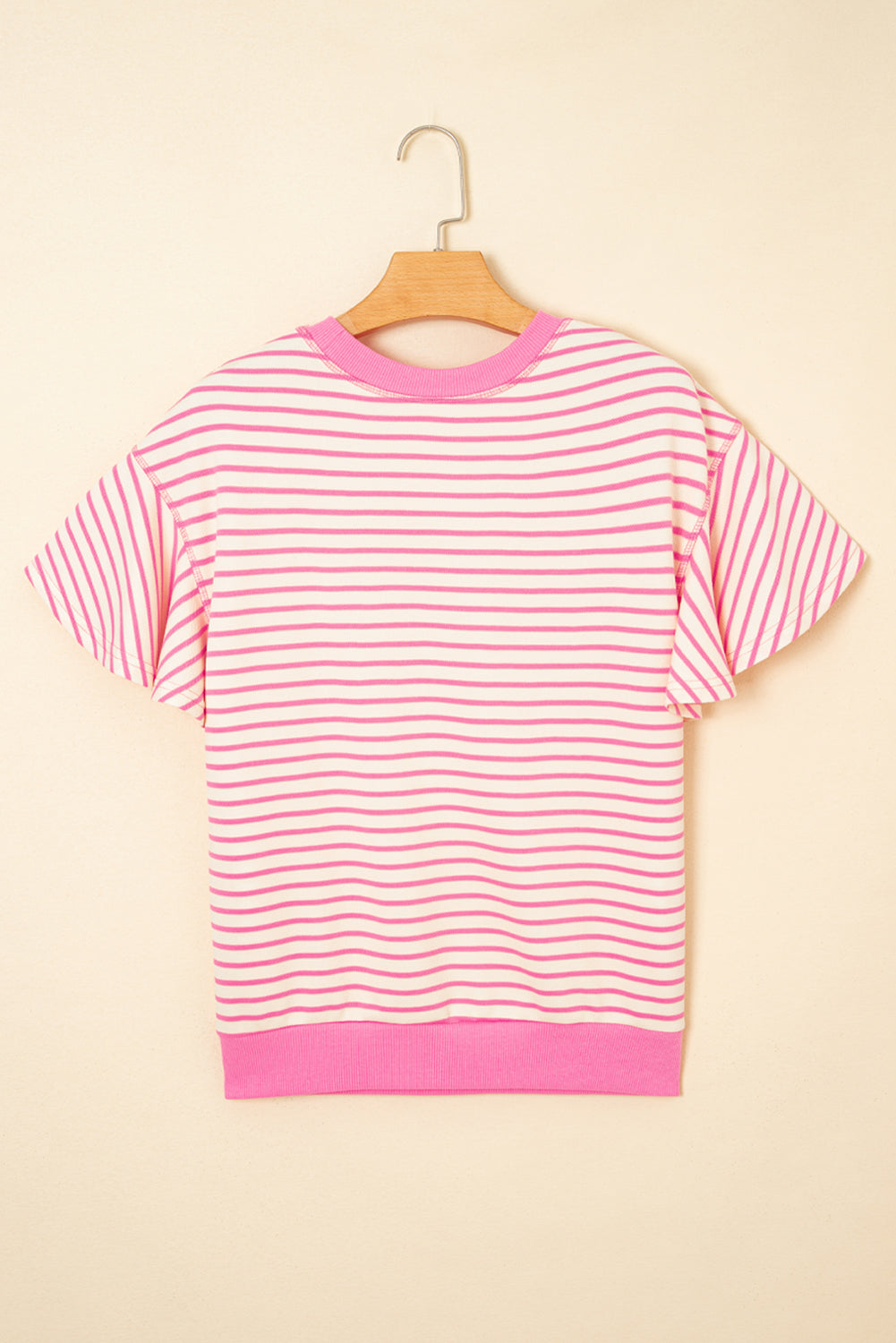 Contrast Detail Striped Ruffle Short Sleeve Top eAura