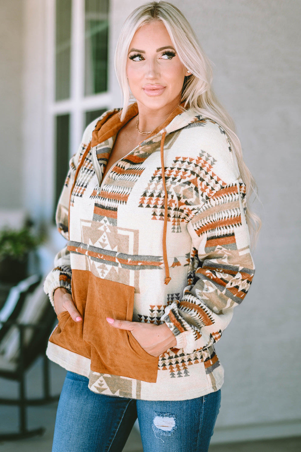 Beige Aztec Print Kangaroo Pocket Half-Zip Hoodie eAura