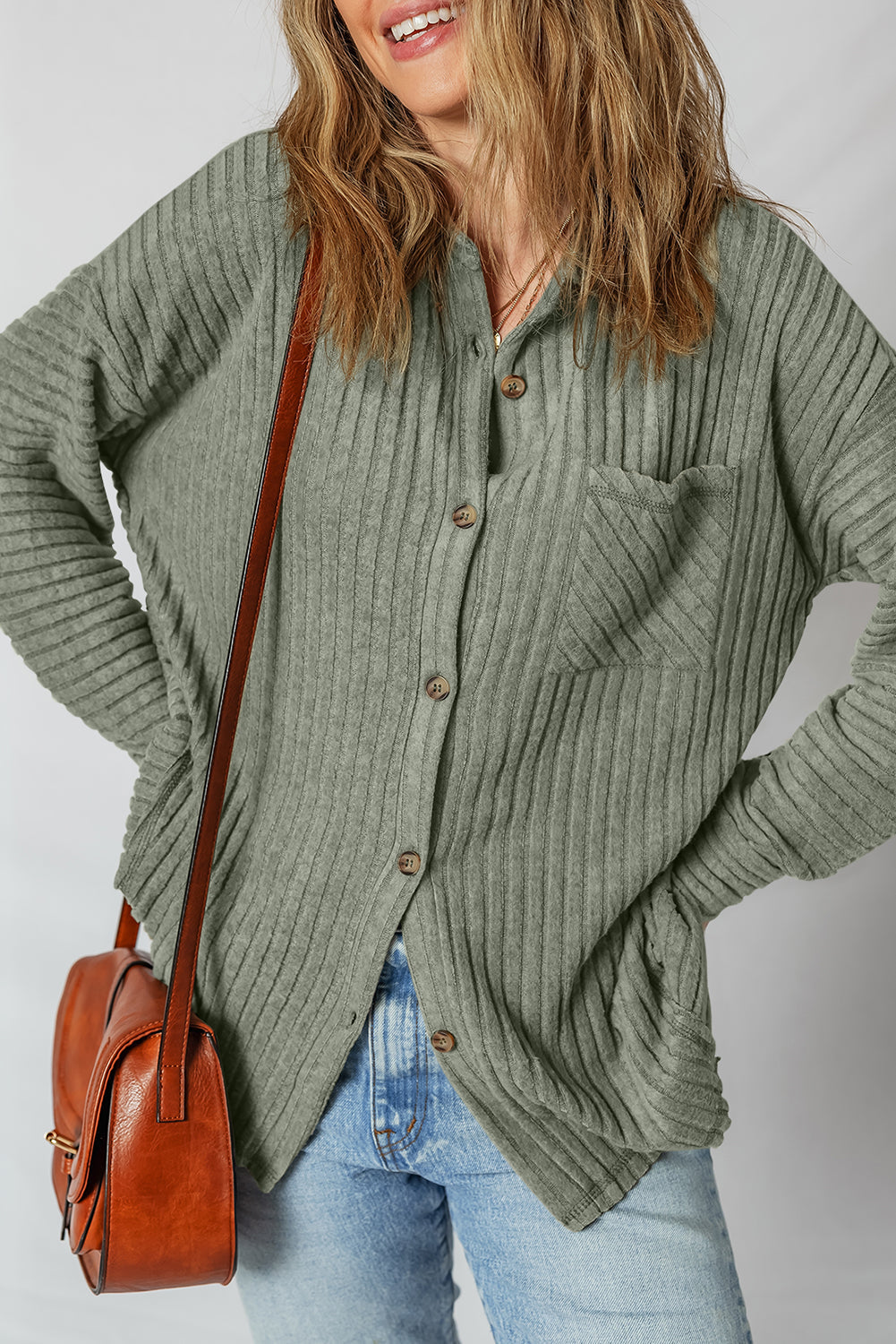 Green Thermal Ribbed Texture Drop Shoulder Button Up Shacket - eAura