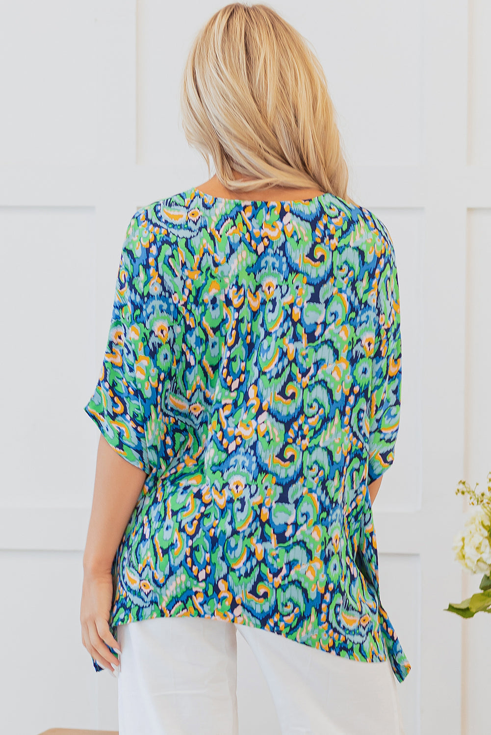 Green Abstract Print V Neck Half Sleeve Loose Fit Tunic Blouse eAura