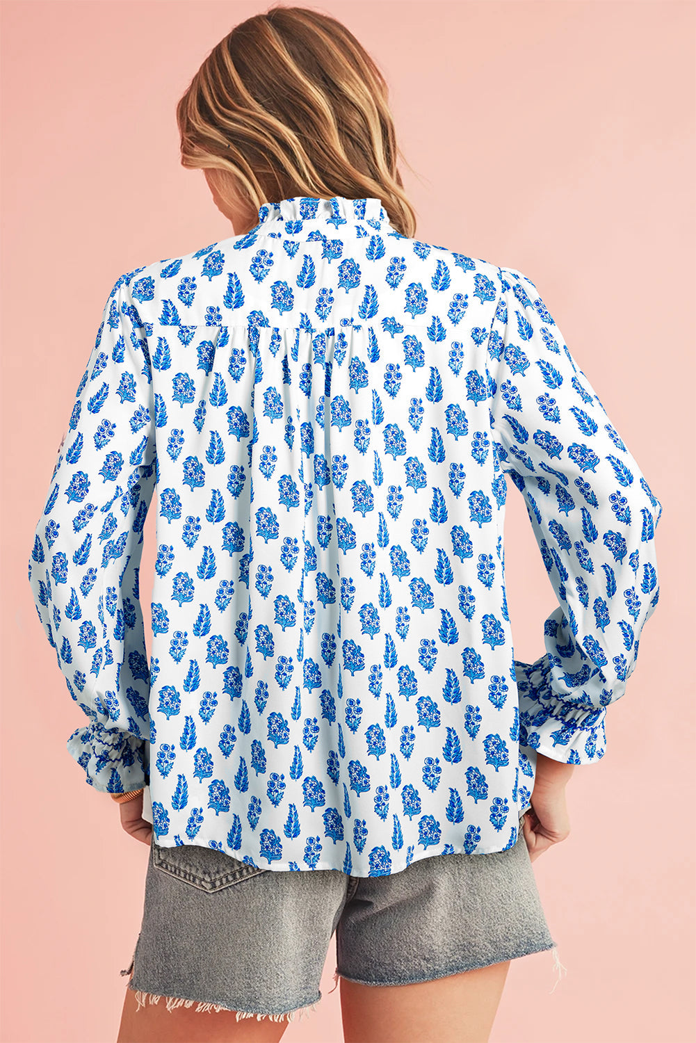 Sky Blue Boho Floral Printed Lantern Sleeve Frilled Neck Shirred Shirt Beagle Boutique Fashion Outlet