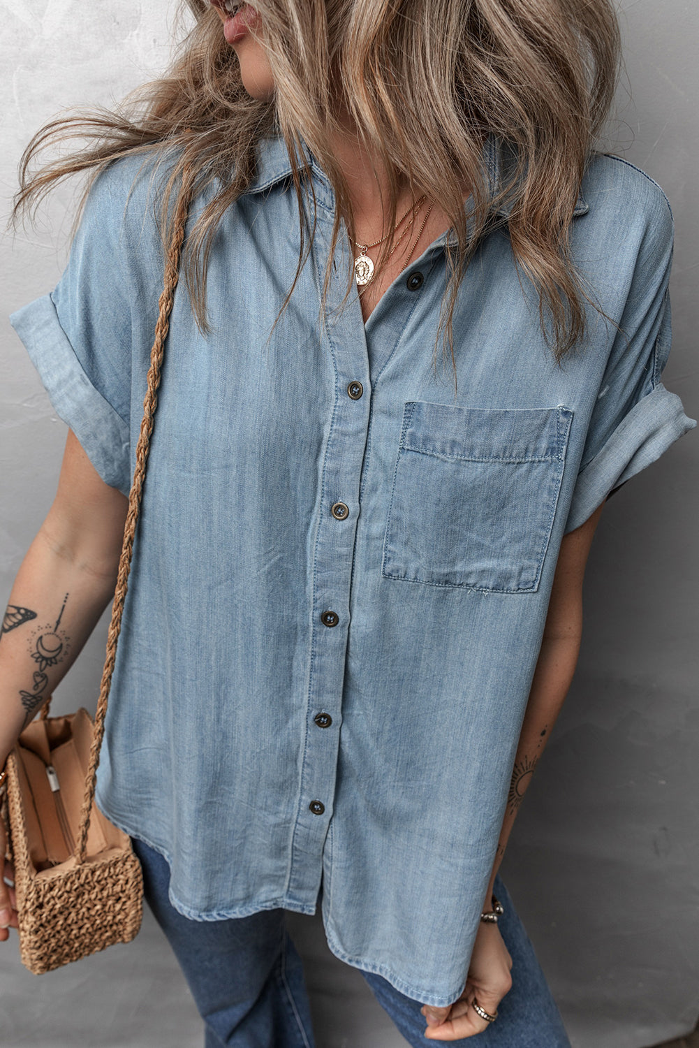 Dusk Blue Folded Short Sleeve Patched Pocket Denim Shirt eAura