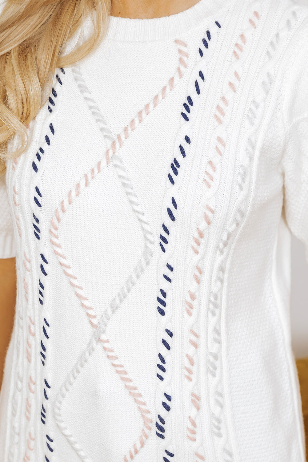 White MultiColour Stitch Detail Cable Knit Short Sleeve Sweater eAura