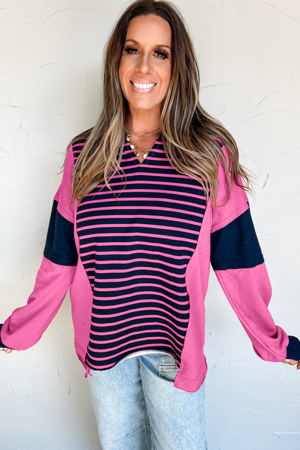 Pink Stripe V-Neck Loose Fit Long Sleeve Top - eAura