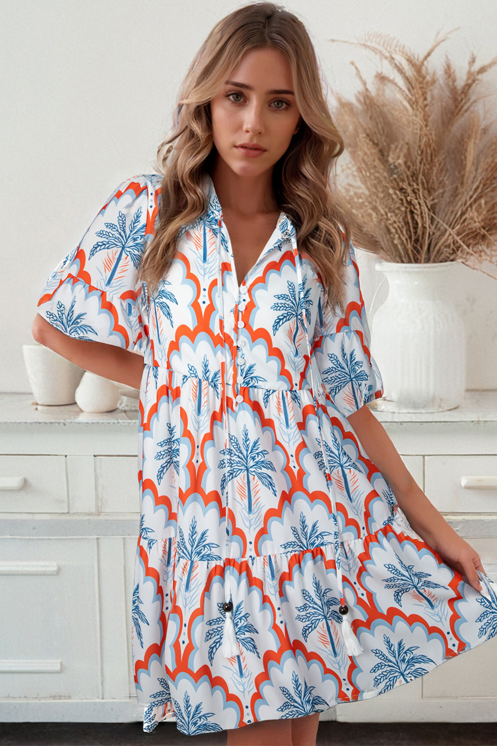 Palm Tree Printed Short Sleeve Flowy Dress - eAura