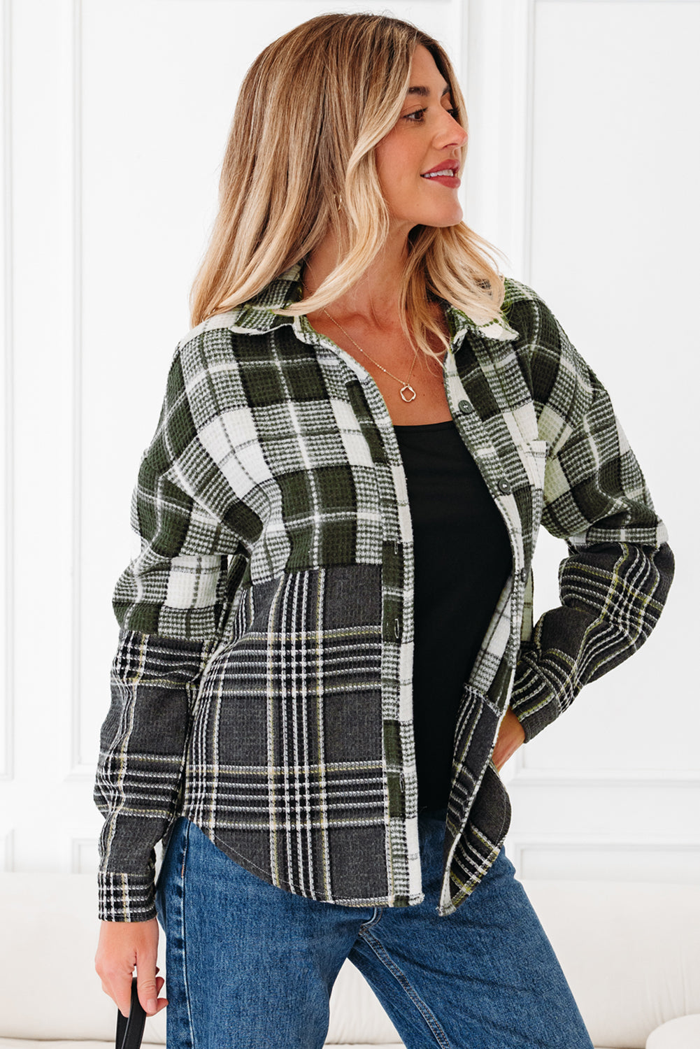 Plaid Print Textured Buttoned Shacket - eAura