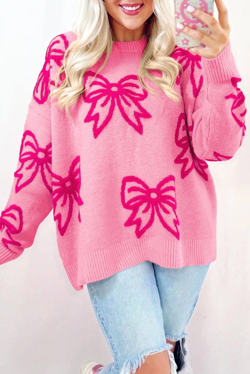Pink Bow Pattern Drop Shoulder Loose Sweater eAura