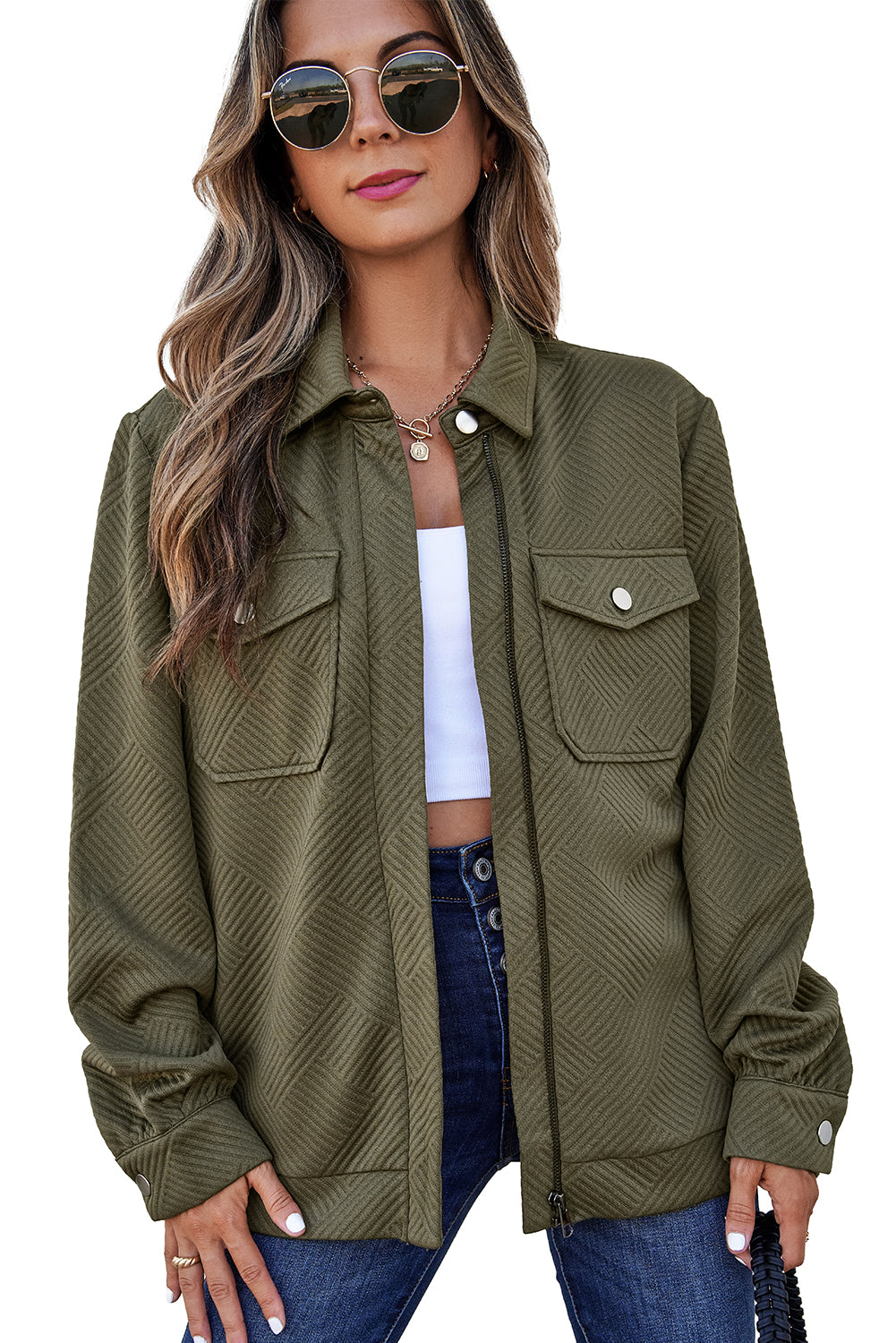 Solid Color Zip Up Button Flap Pocket Shirt Collar Jackets – Blackish Green