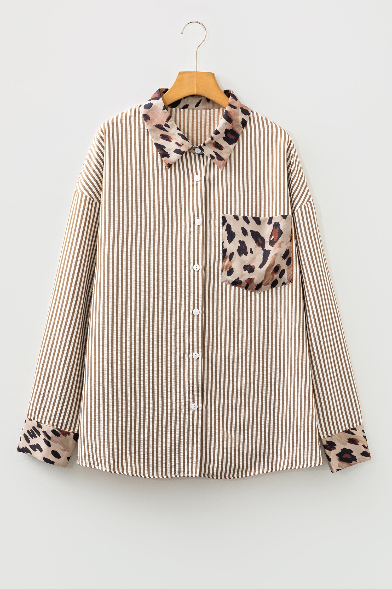 Stripe Leopard Patched Collared Chest Pocket Cuffed Long Sleeve Plus Size Shirt - Size/Plus Tops/Plus Blouses & Shirts