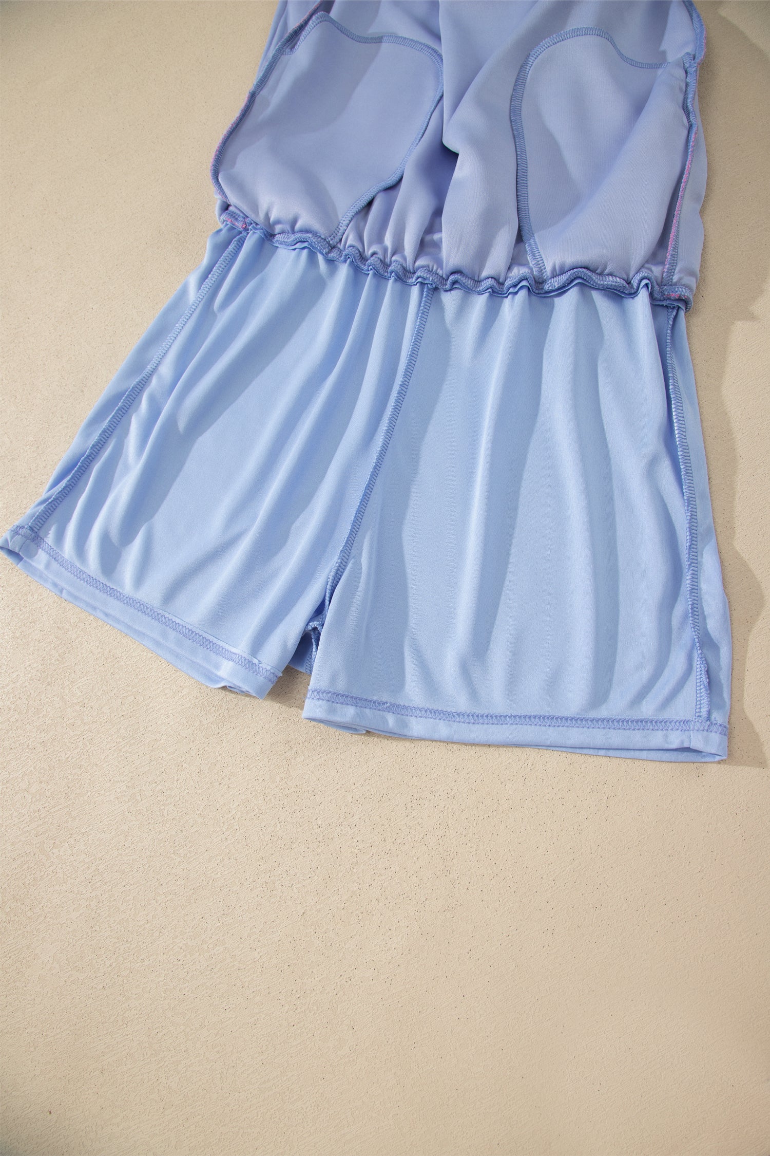 Sky Blue Preppy Striped Trim V Neck Polo Tee Drawstring Skort Set – Light Blue