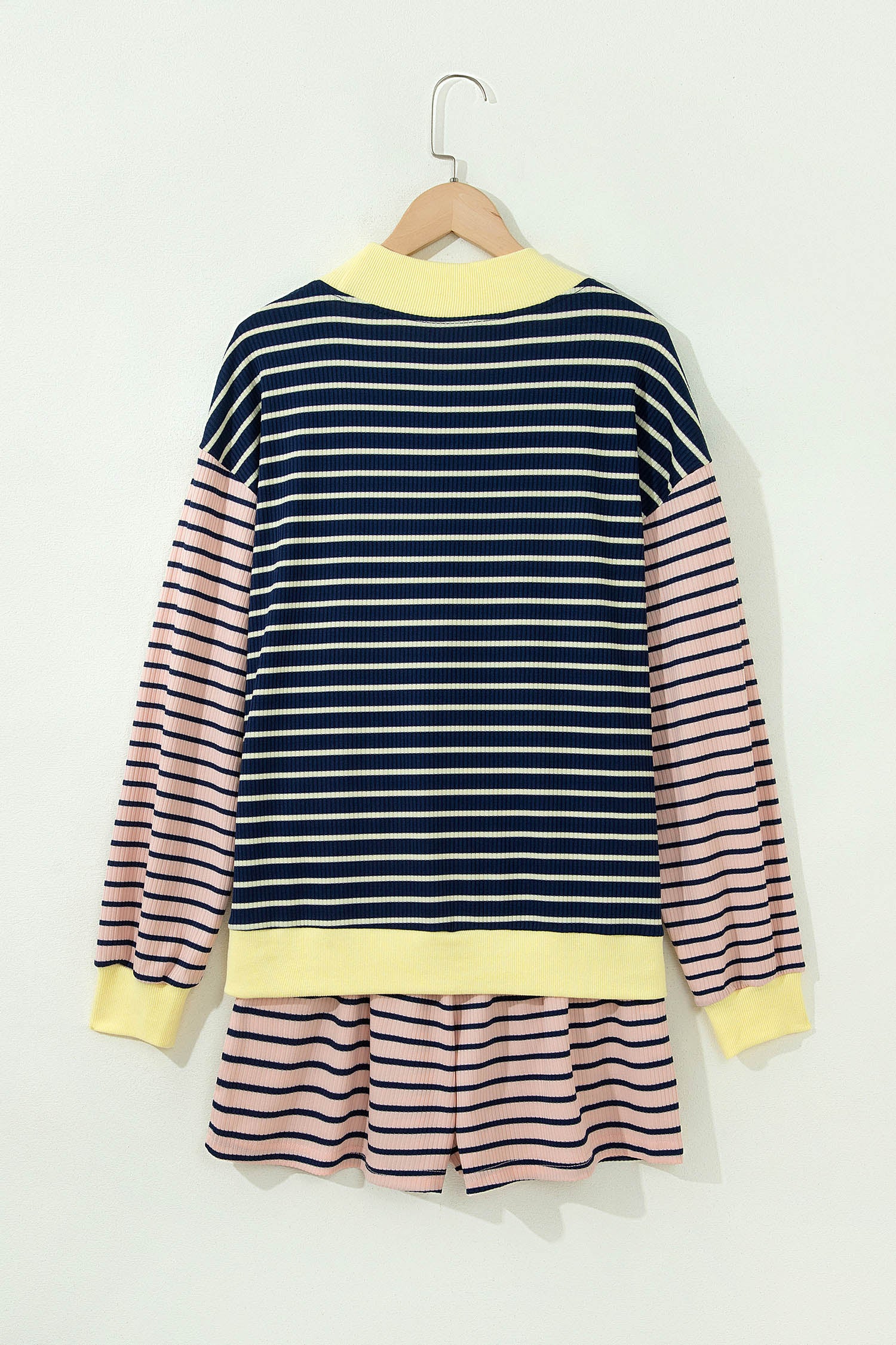 Color Block Long Sleeve Pullover Ribbed Knit Casual Shorts Set – Blue Stripe