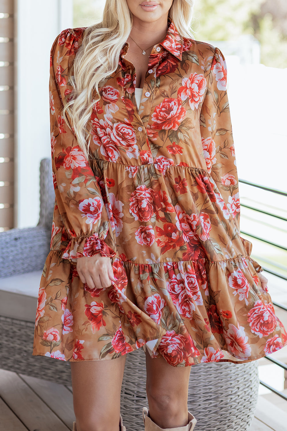 Floral Print Shirt Style Half Button Long Sleeve Ruffle Mini Dress - eAura