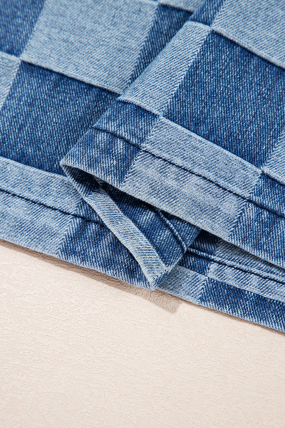 Checkerboard Zip Neck Kangaroo Pocket Denim Hoodie - eAura