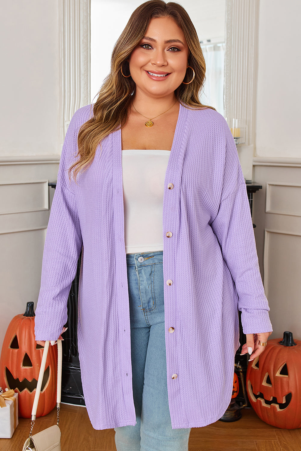 Plus Size Waffle Knit Button Front Cardigan Dear-Lover Dropshipping