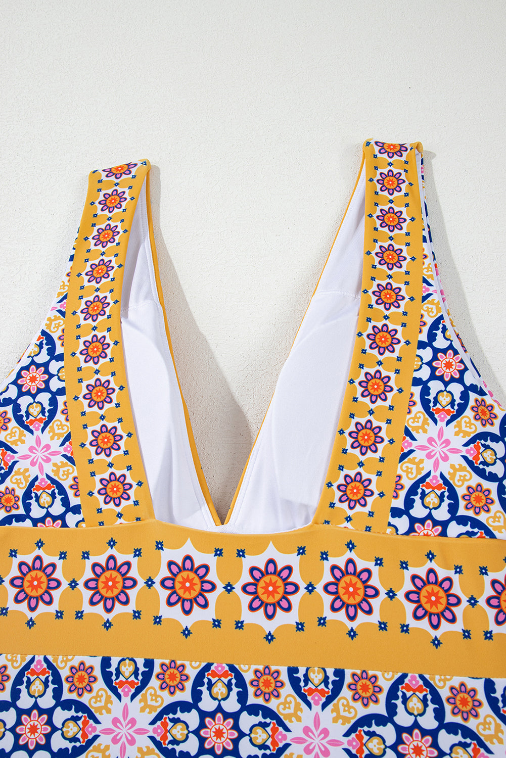 Yellow Floral Print V Neck One Piece Swimsuit eAura