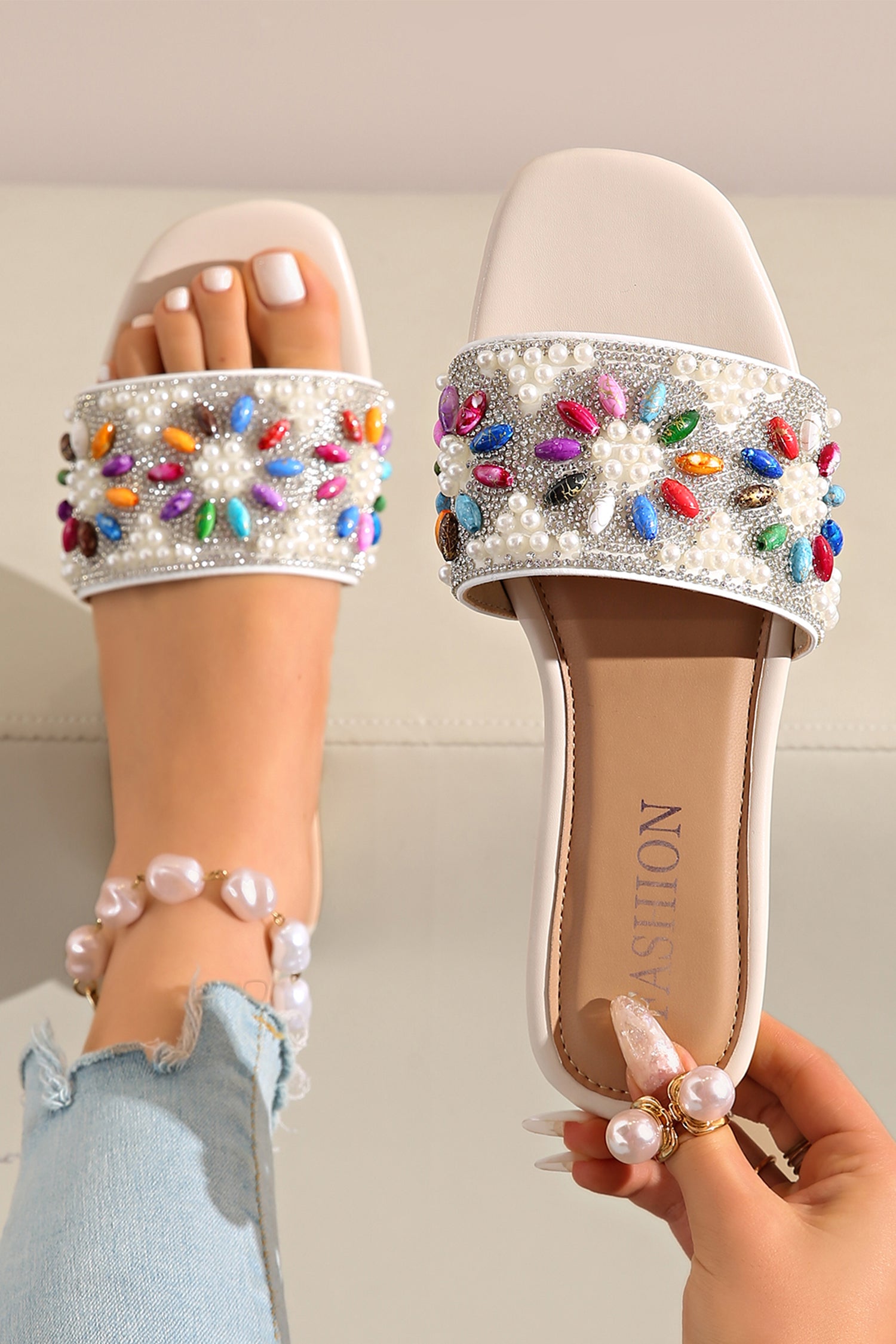 Rhinestone & Pearl Square Toe Beach Slippers – White
