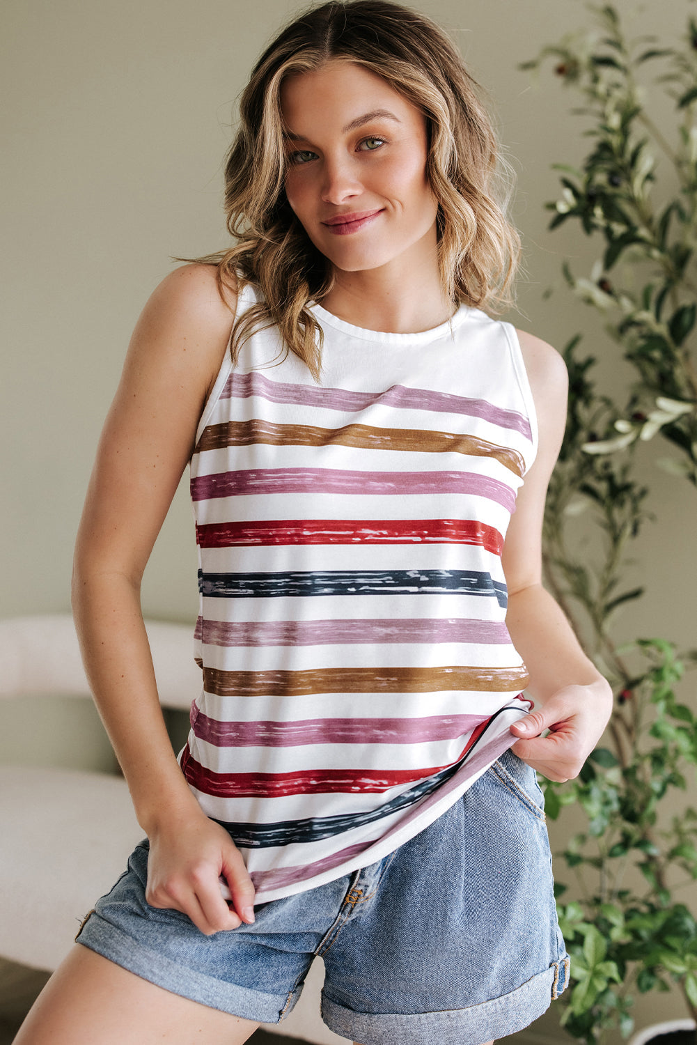 Red Stripe Rainbow Round Neck Tank Top - eAura