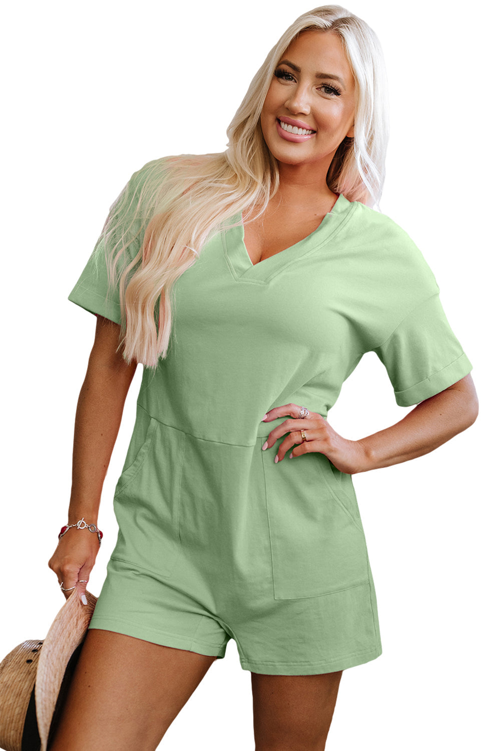 Loose Half Sleeve V-Neck Knit Romper eAura