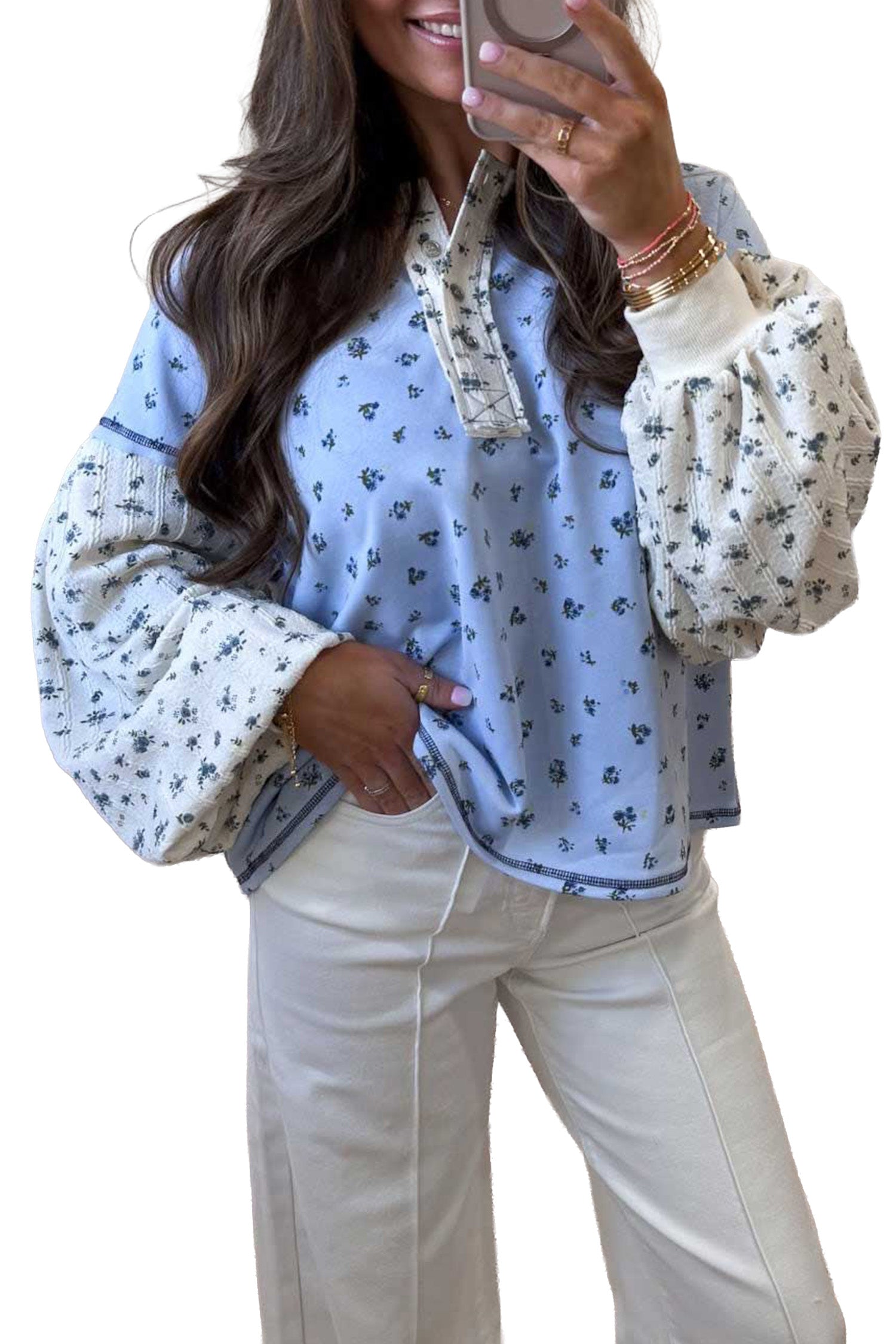 Sky Blue Floral Print Contrast Long Sleeve Tops – Light Blue