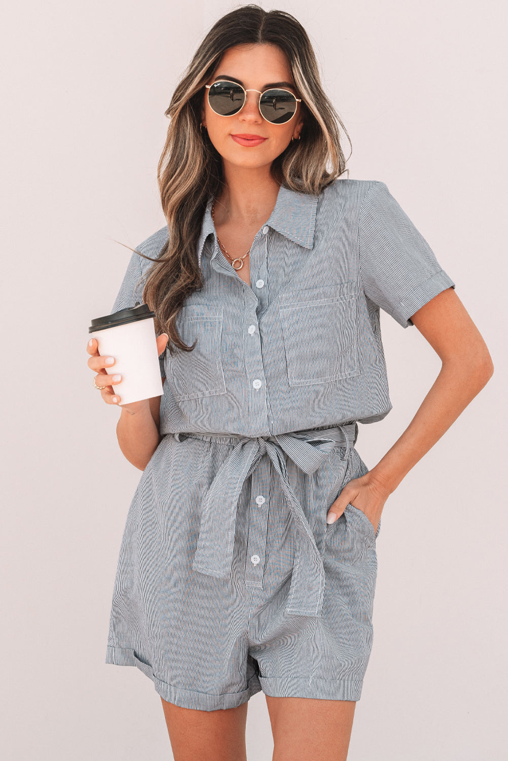 Blue Stripe Chest Pockets Buttoned Belted High Waist Romper eAura