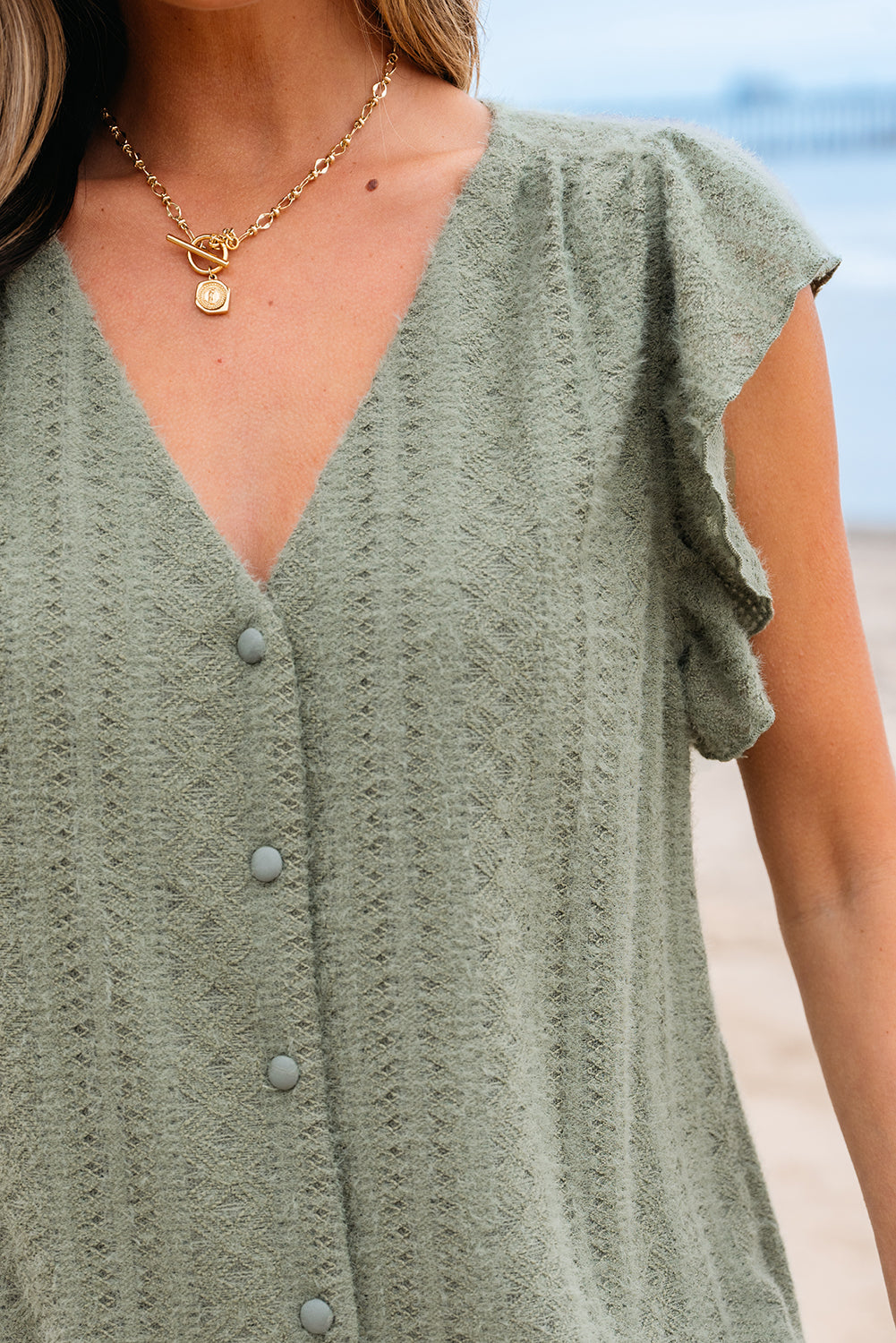 Laurel Green Flutter Sleeve Lace V Neck Shirt eAura