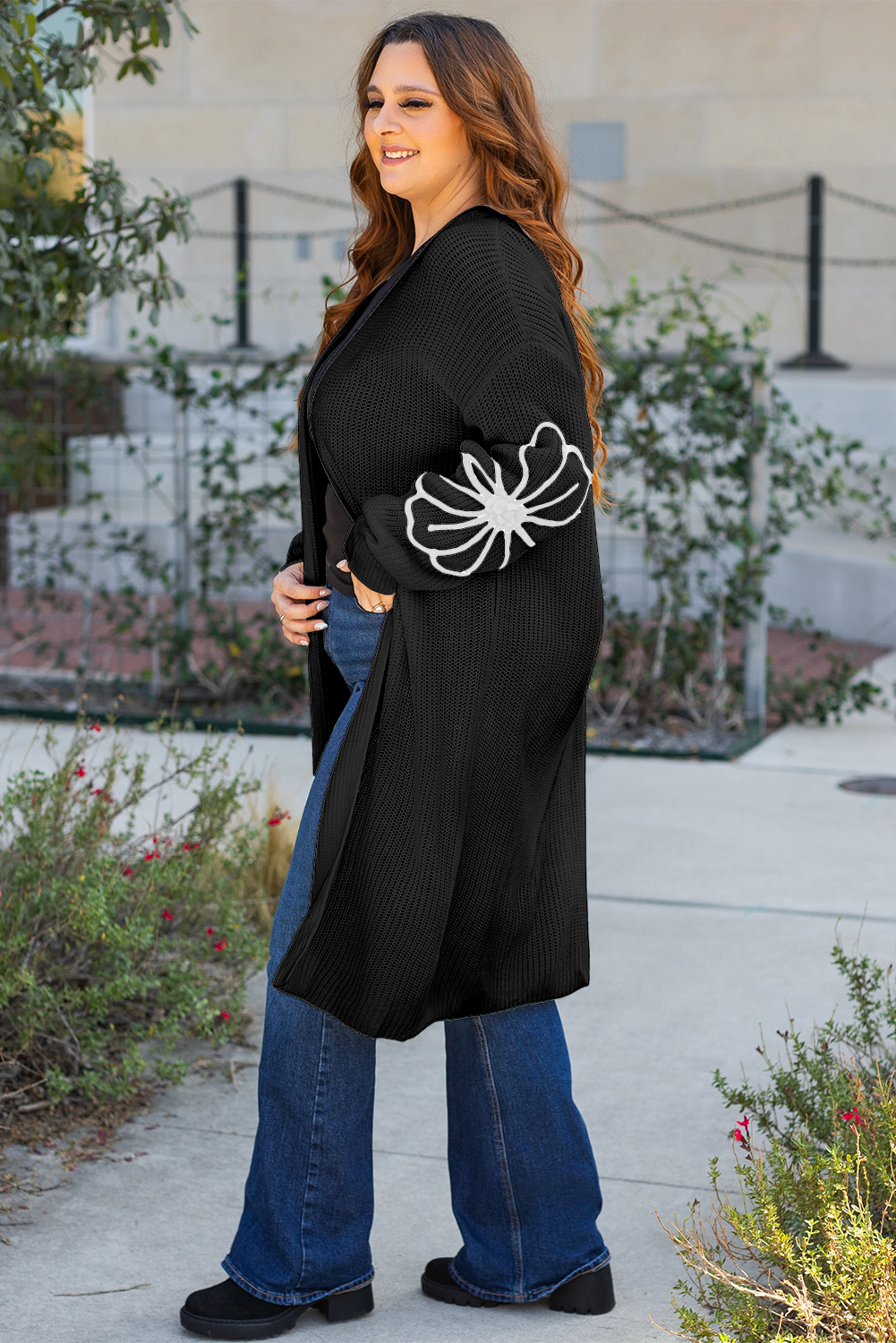 Black Flower Embroidered Drop Shoulder Open Front Duster Cardigan eAura