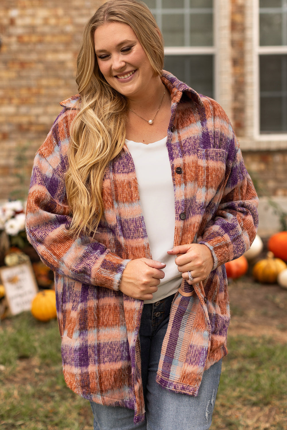 Multicolour Plus Size Plaid Print Collared Button up Jacket Beagle Boutique Fashion Outlet