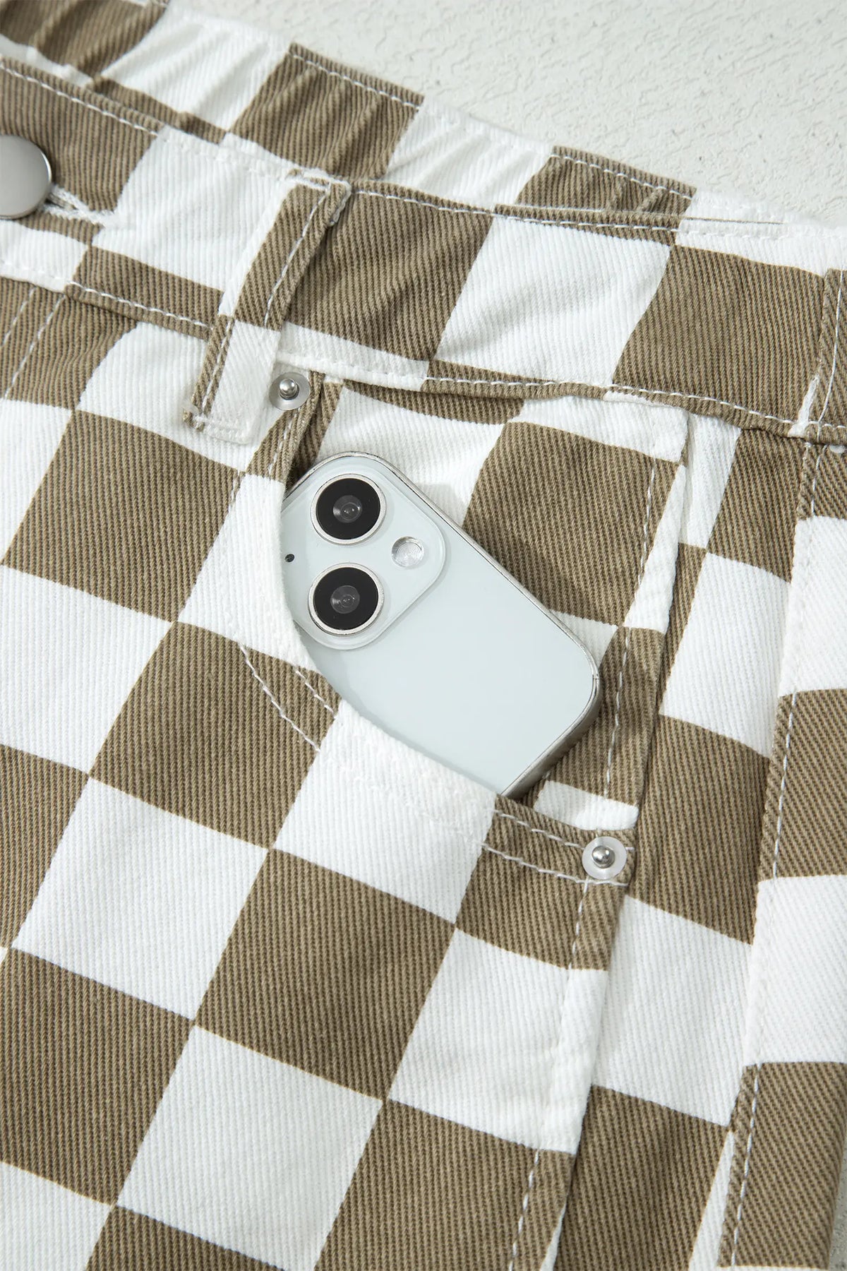 Checkered Print Denim Barrel Pants – White