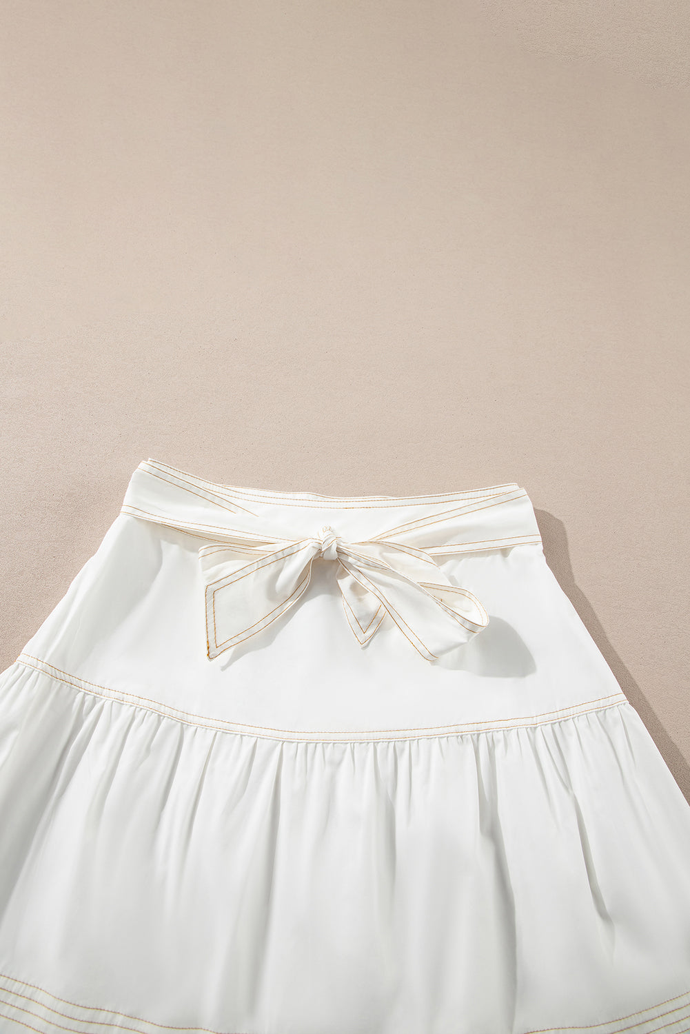 White Contrast Stitching Trim Knotted High Waist A-Line Mini Skirt eAura