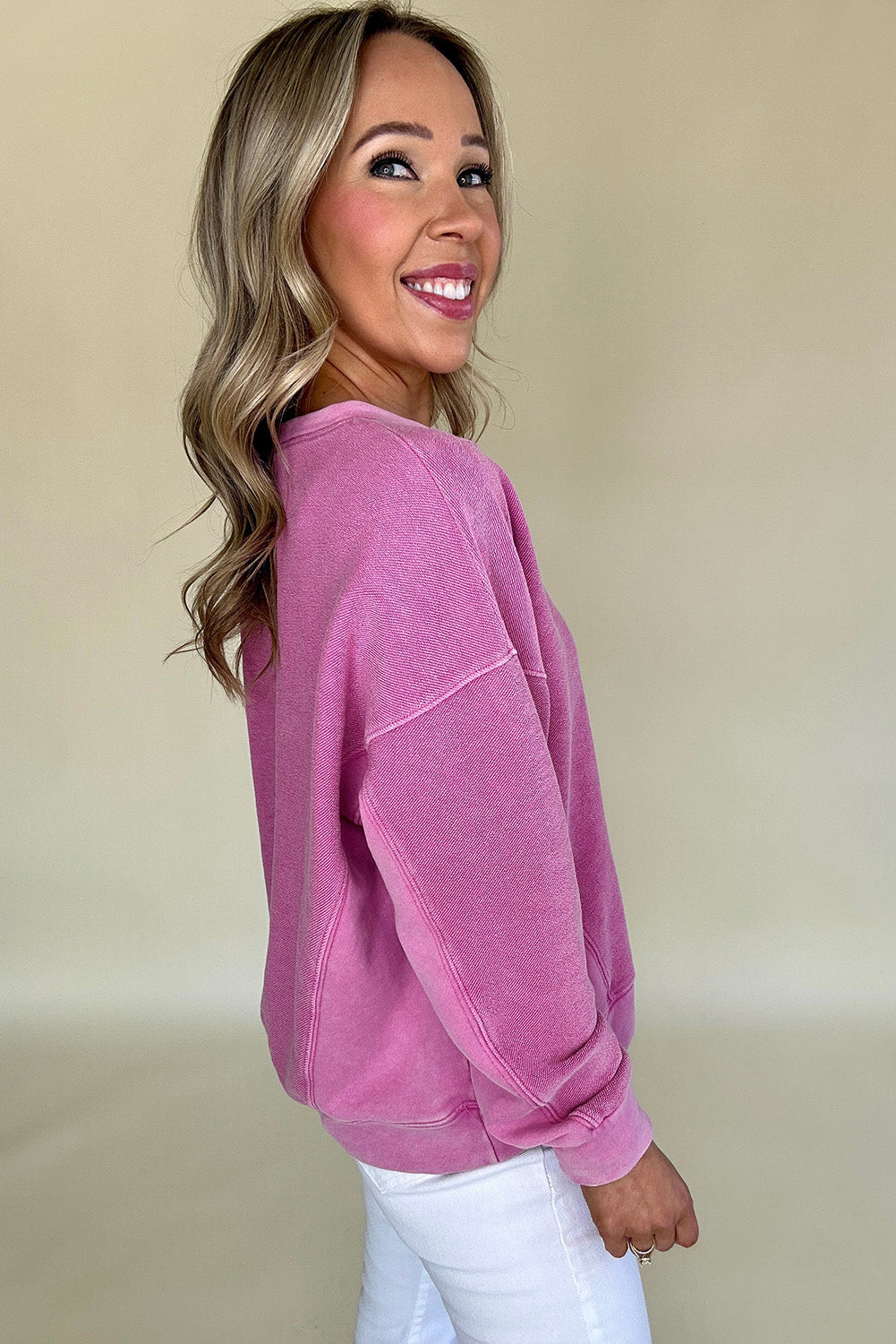 Bright Pink Solid Colour Notched Neck Drop Shoulder Sweatshirt Beagle Boutique Fashion Outlet
