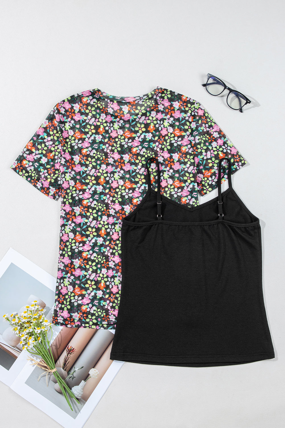 Black Sheer Floral Mesh Round Neck T-Shirt eAura
