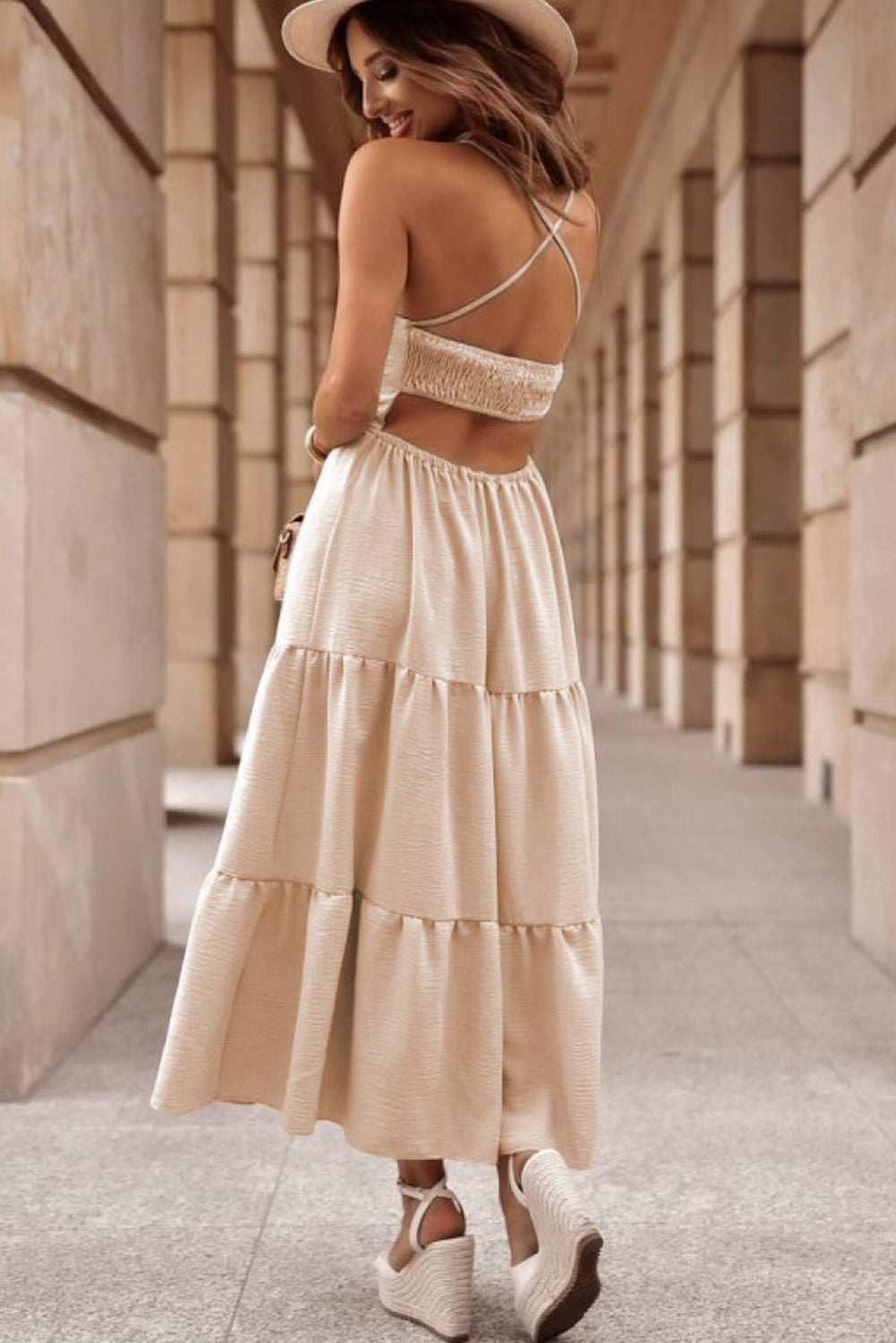 Black Crossover Backless Bodice Tiered Maxi Dress eAura