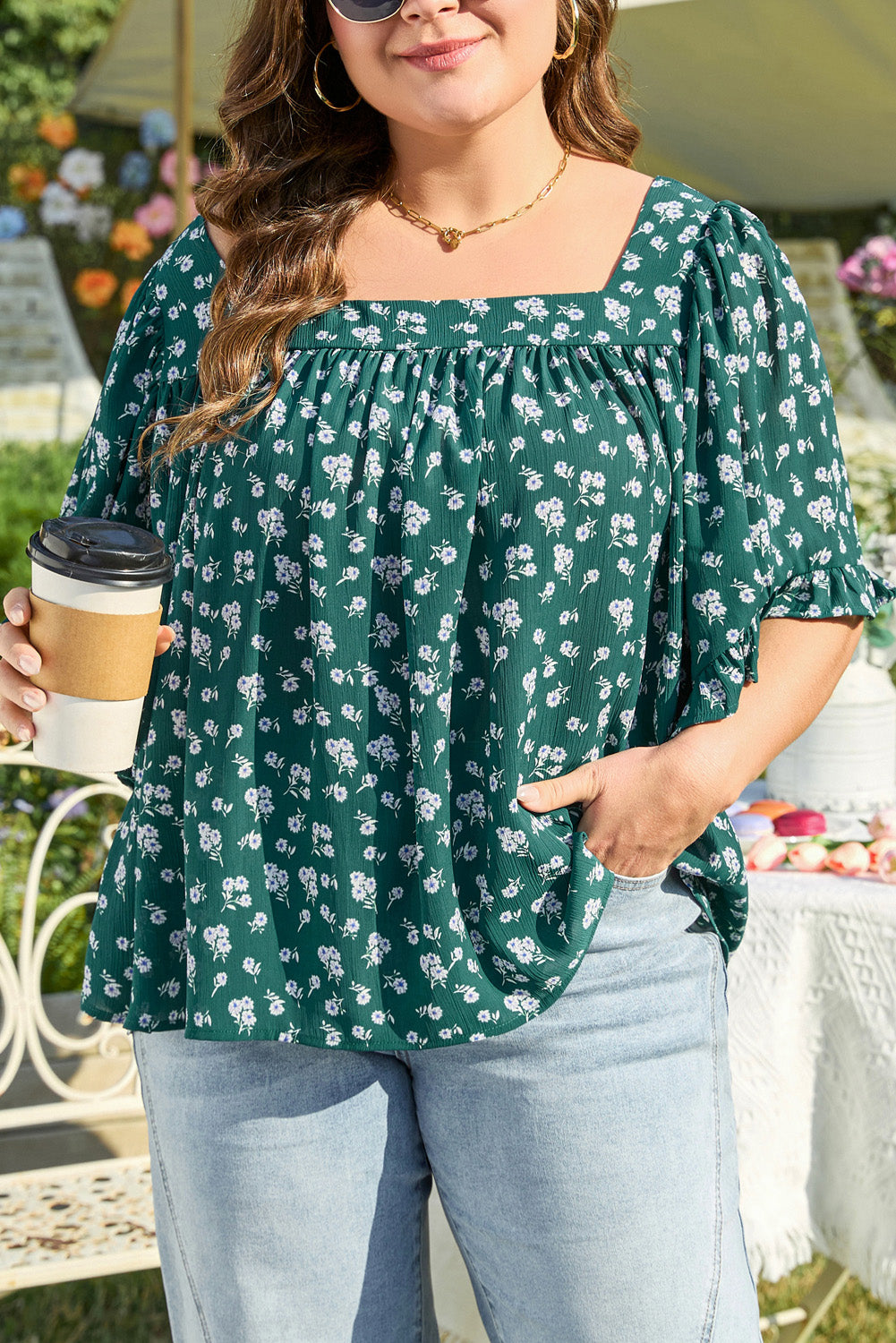 Green Floral Print Square Neck Ruffled Trim Plus Size Blouse BB Fashion Outlet