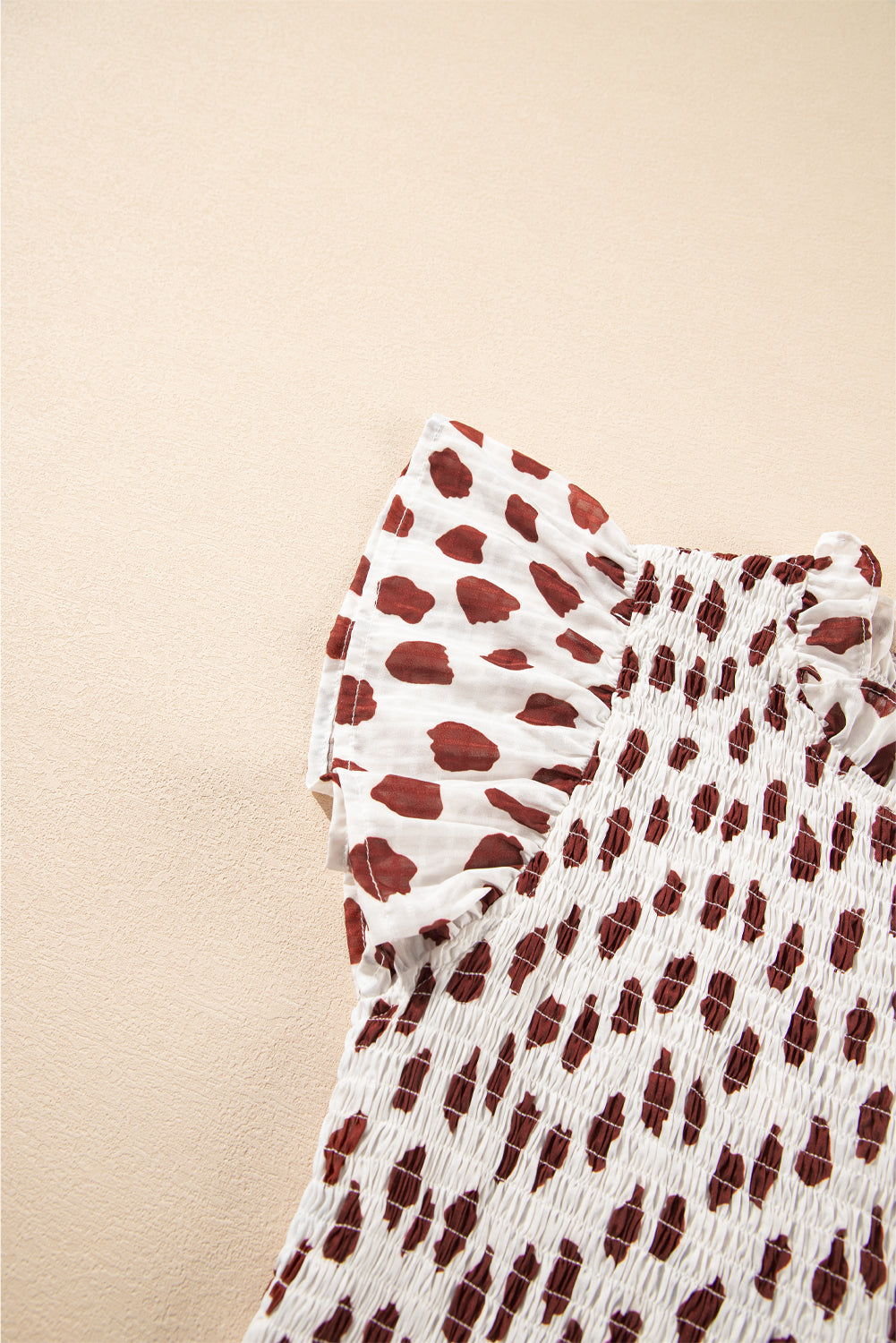 Brown Abstract Printed Flutter Sleeve Smocked Bodice Short Dress eAura