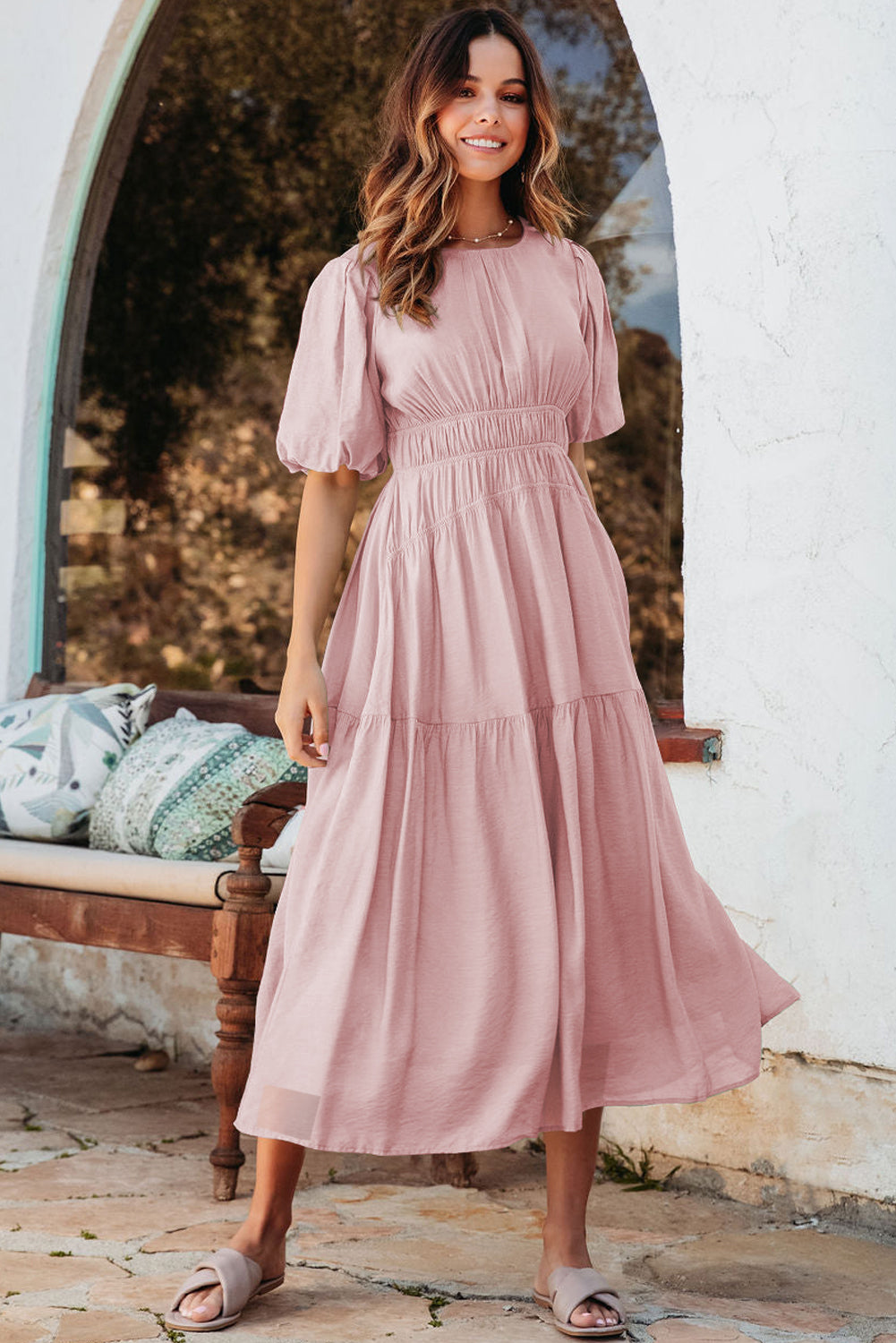 Puff Sleeve High Waist Flowy Chiffon Lined Midi Dress