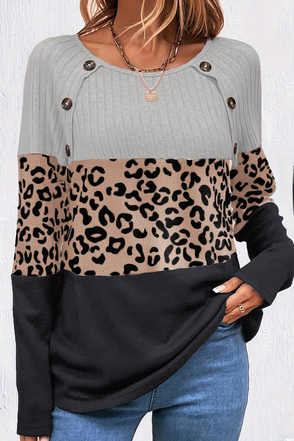 Grey Cheetah Textured Patchwork Buttoned Round Neck T Shirt eAura
