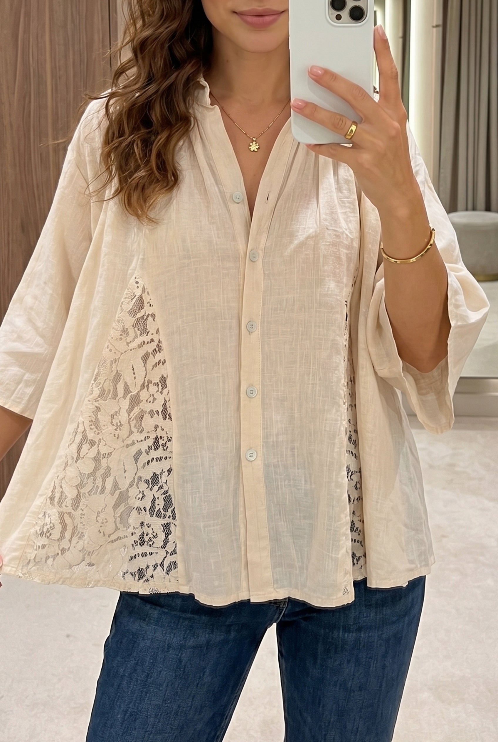 Oatmeal Sheer Lace Splicing Detail Bracelet Sleeve Loose Flowy Shirt – Beige