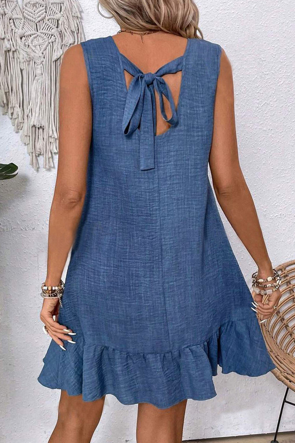 Knot Scoop Back Ruffle Hem Sleeveless Mini Dress eAura
