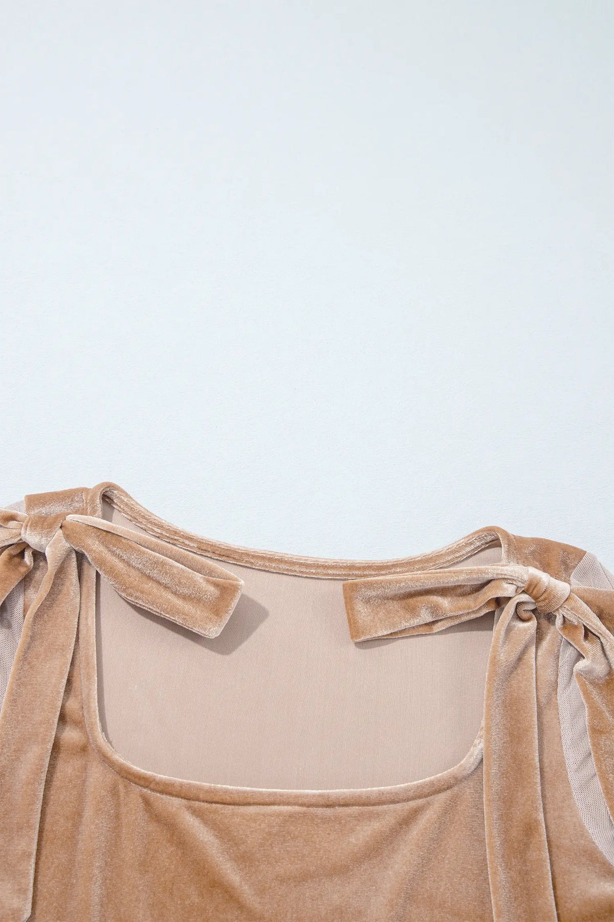 Solid Colour Velvet Knot Square Neck Sheer Long Sleeve Bodysuit – Light French Beige