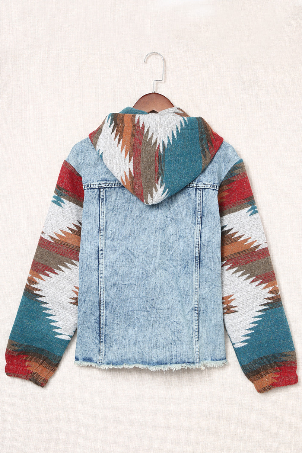 Multicolour Aztec Print Frayed Hem Denim Jacket eAura
