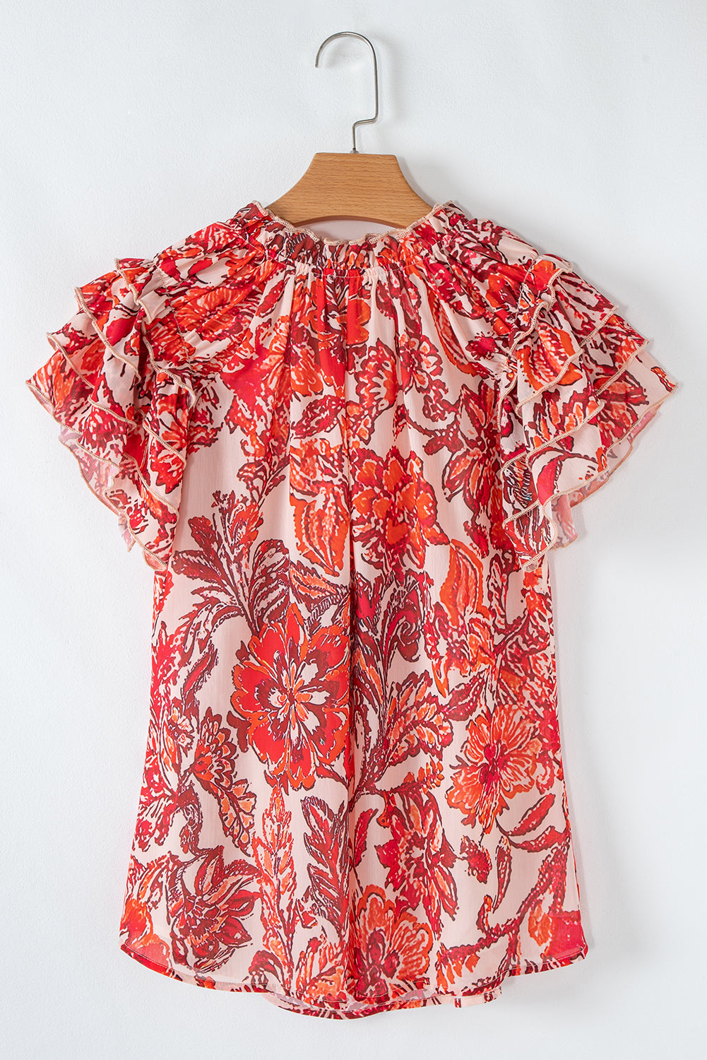 Red Vintage Floral Ruffle Sleeve V Neck Blouse eAura