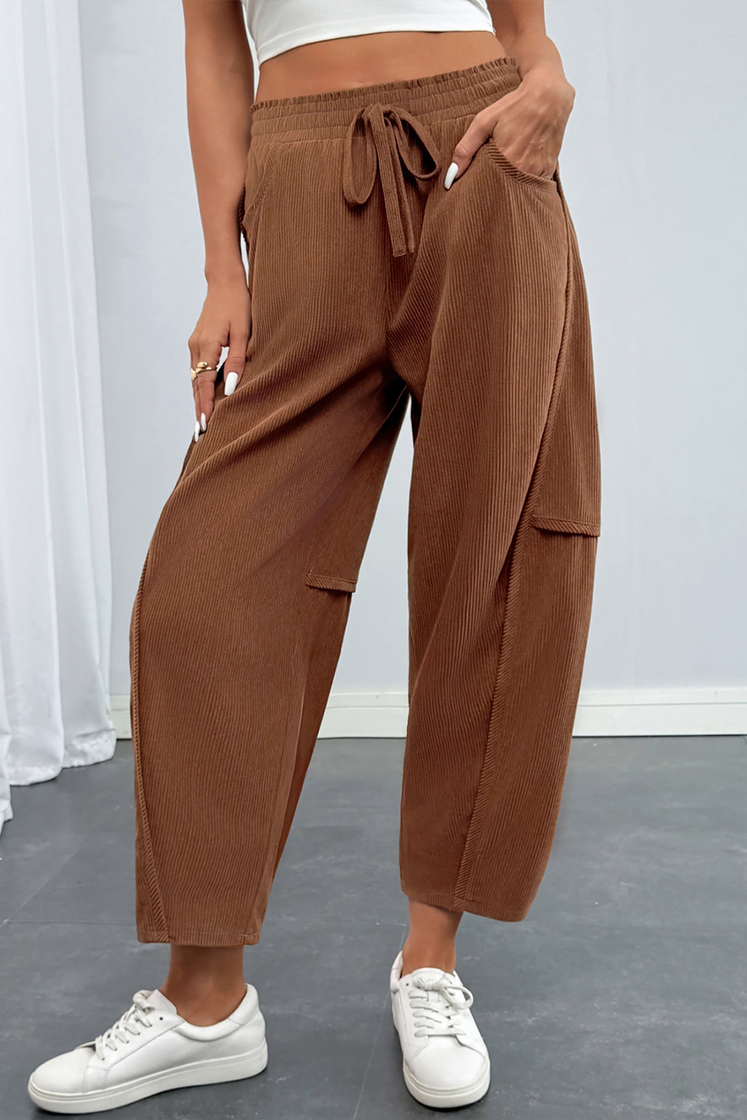 Coffee Corduroy Elastic Waist Drawstring Cargo Pants – Brown