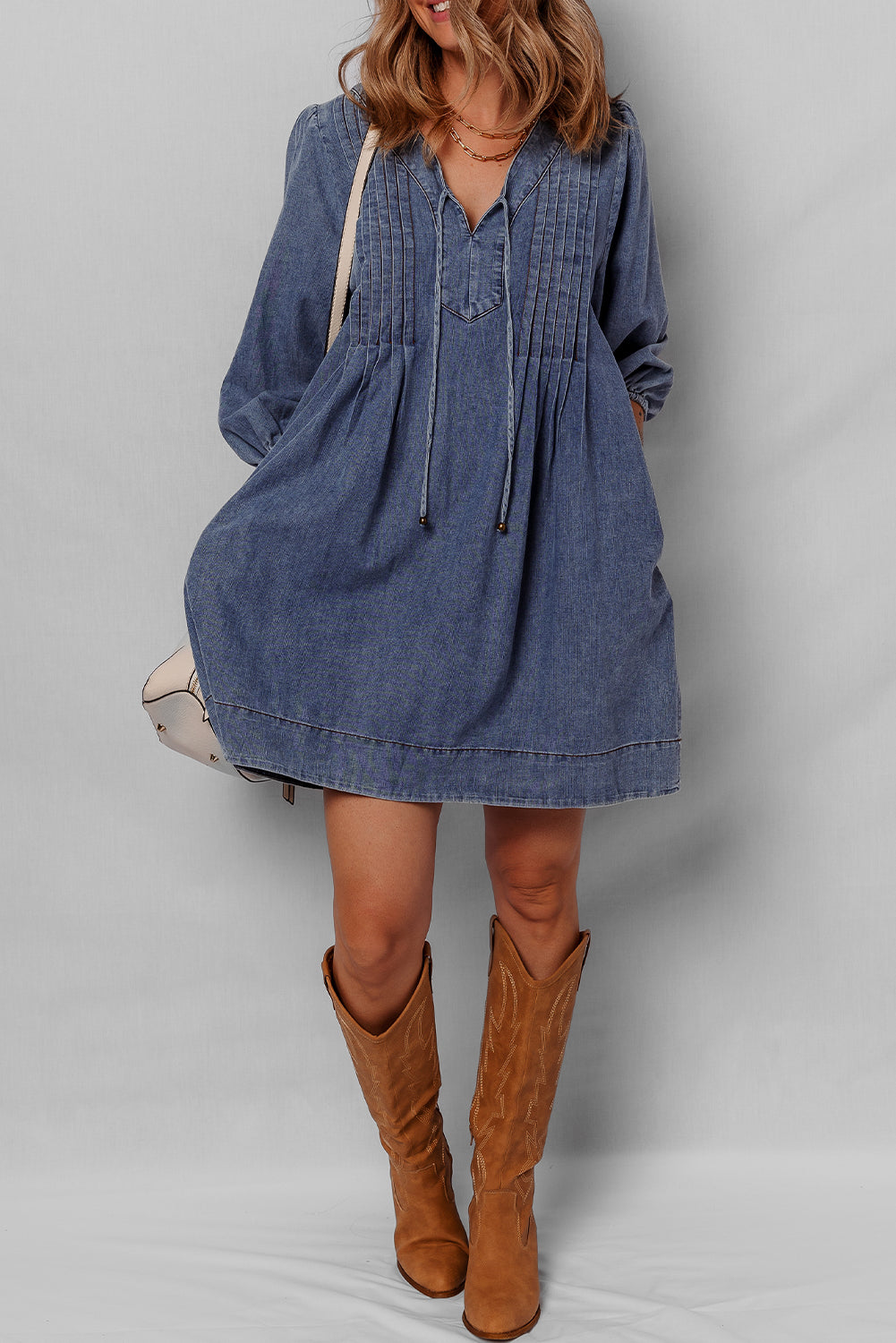 3/4 Sleeve Tied V-Neck Pleated Denim Mini Dress - eAura