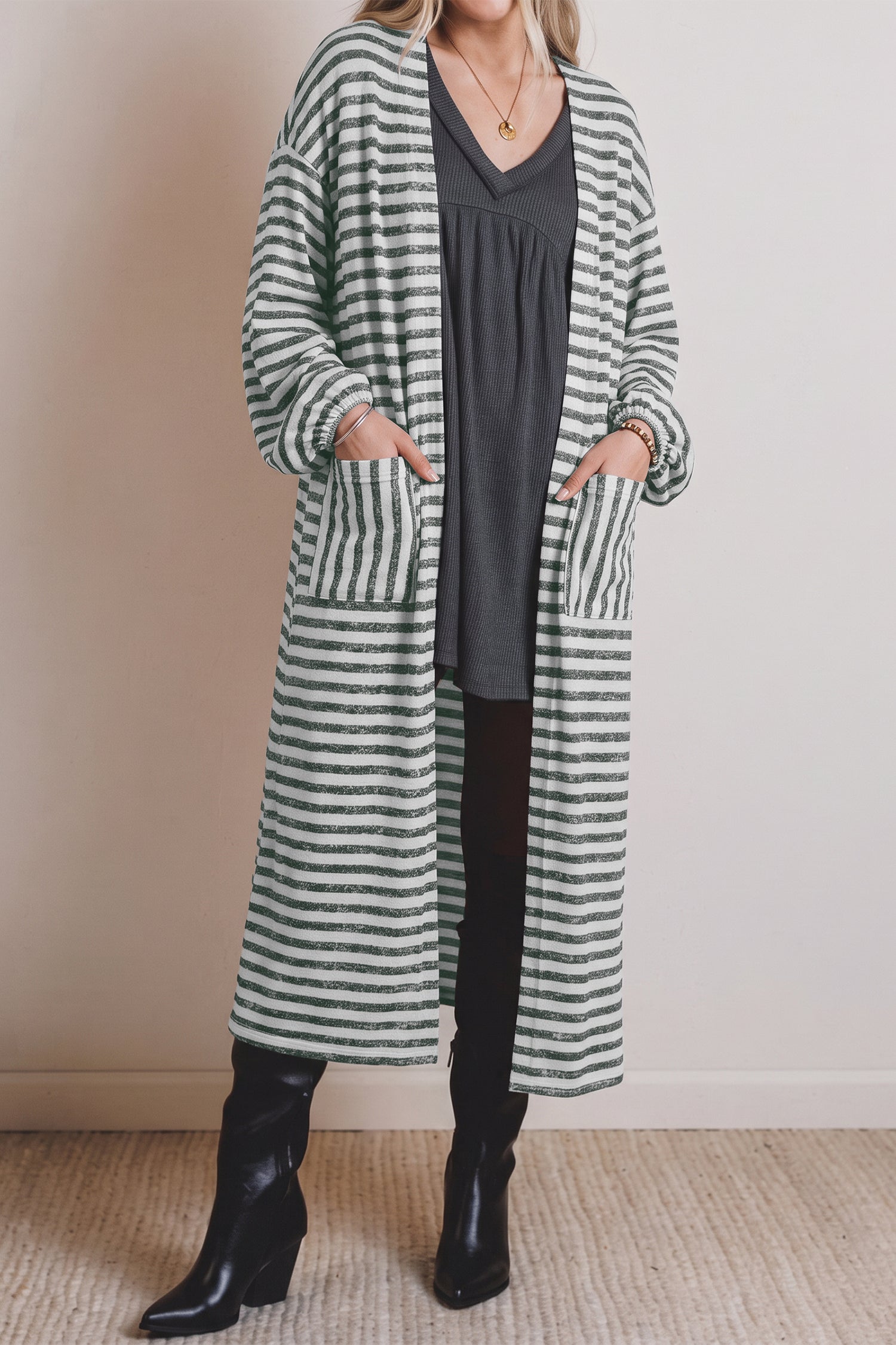 Long Puff Sleeve Open Front Oversized Long Cardigan – Khaki Stripe