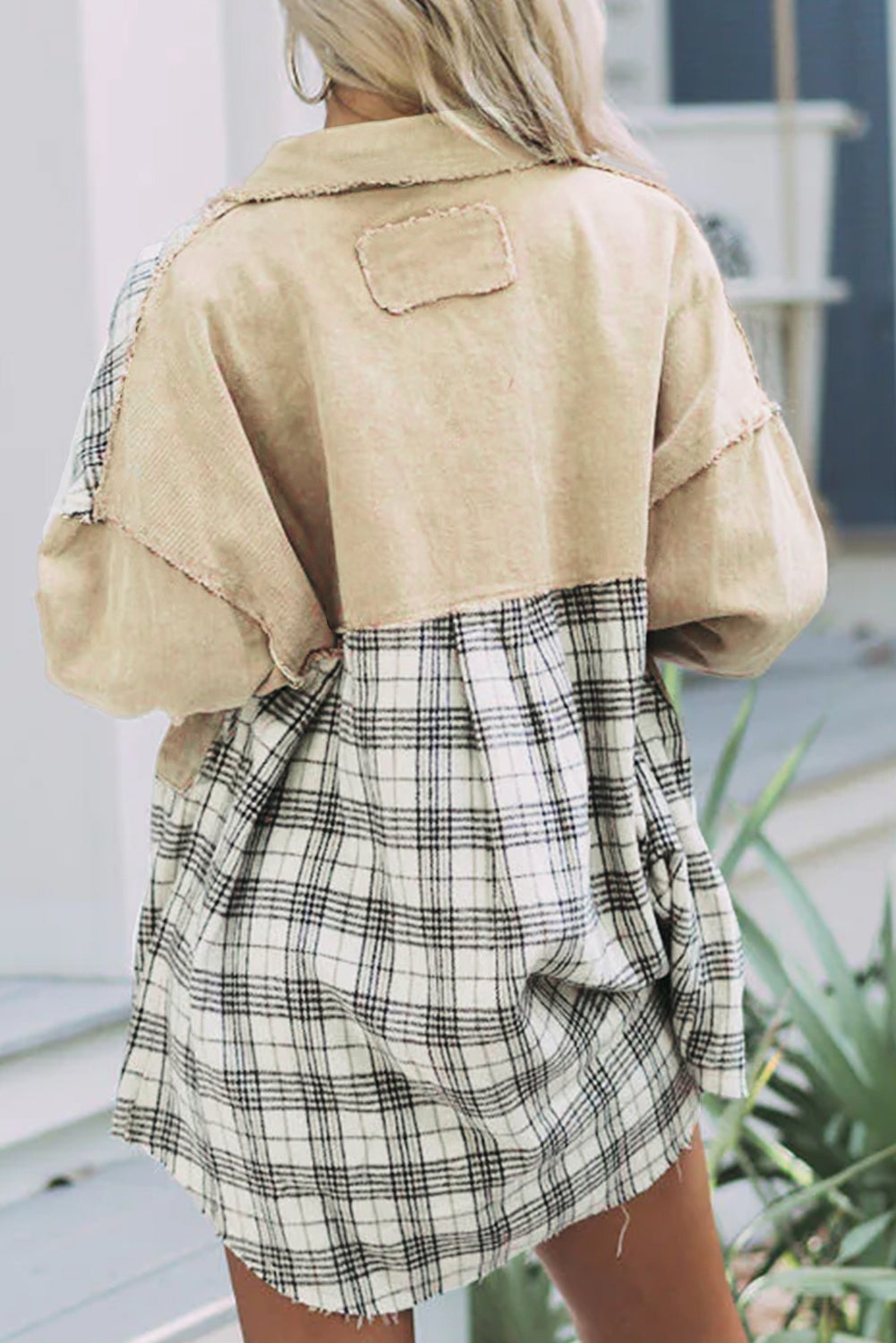 Khaki Distressed Raw Edge Plaid Patchwork Denim Jacket Beagle Boutique Fashion Outlet