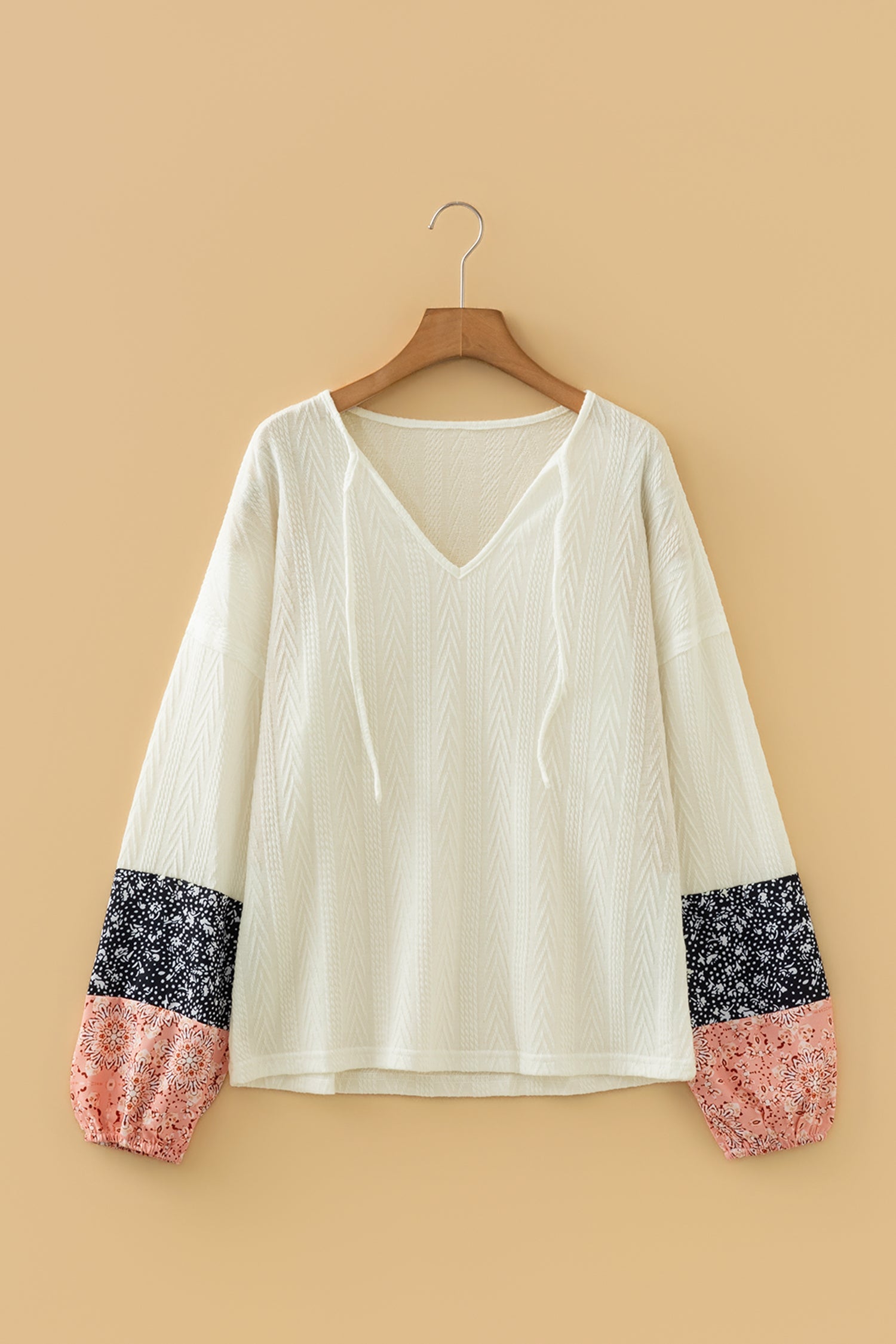 Floral Patchwork Textured Knit Drawstring V Neck Blouse - eAura